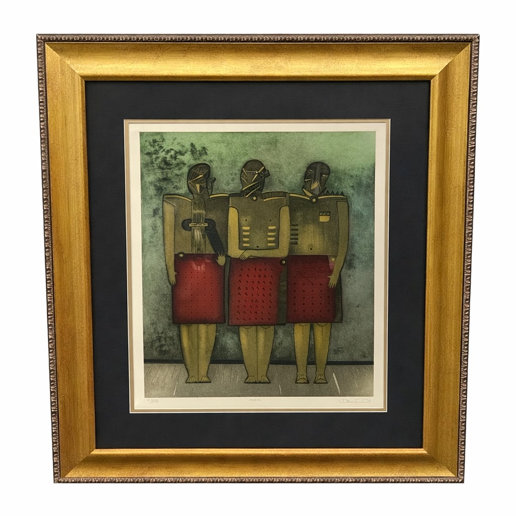 Amigos by Ca Lasoles Limited Edition Color Etching: Limited edition color etching titled Amigos by artist Ca Lasoles. The composition features three stylized figures standing side by side, rendered with simplified geometric for