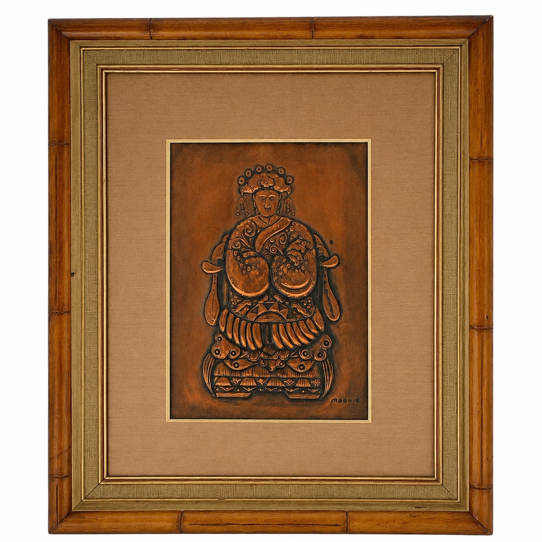 Moonio Figural Bronze Relief Wall Plaque: Decorative embossed bronze-tone relief plaque by Moonio depicting a standing Asian figure in ornate ceremonial attire. The composition features stylized raised detailing with a rich patinated finish a