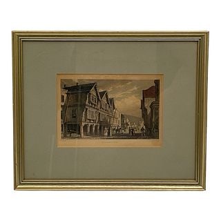 Thomas Allom (1804–1872) - Original Antique Engraving - Dartmouth: This antique artwork by Thomas Allom (1804–1872) depicts the Butterwalk in Dartmouth, Devon, a famous row of 17th-century timber-framed houses. Artistic Overview Subject: A detailed