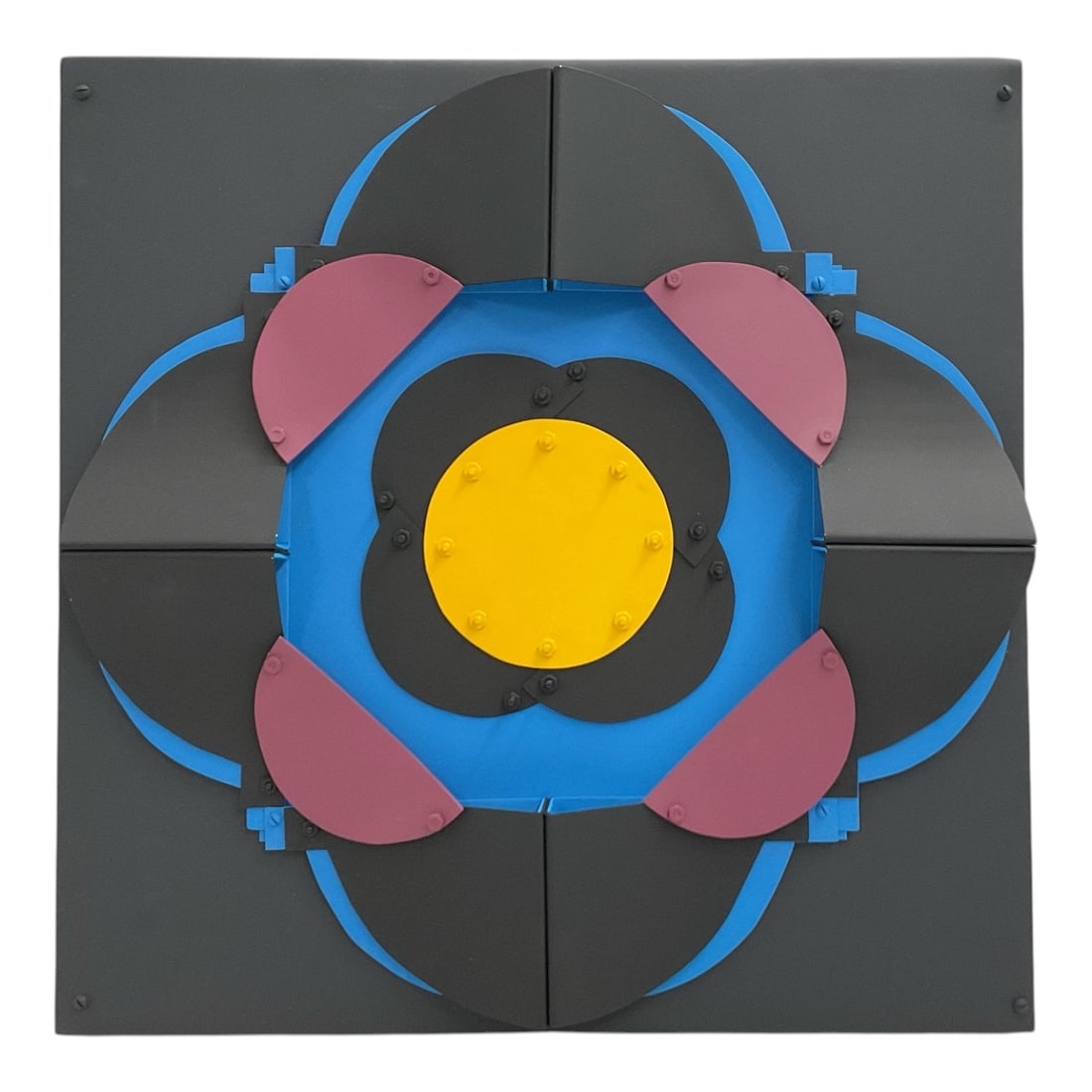 "Espejo de agua reflejando un eclipse" by Edgar Negret (Colombia, 1920-2012) Painted Aluminum: This wall-mounted sculptural relief features a balanced, geometric composition of painted aluminum elements meticulously fastened to a dark gray matte panel. The work showcases a layered configuration