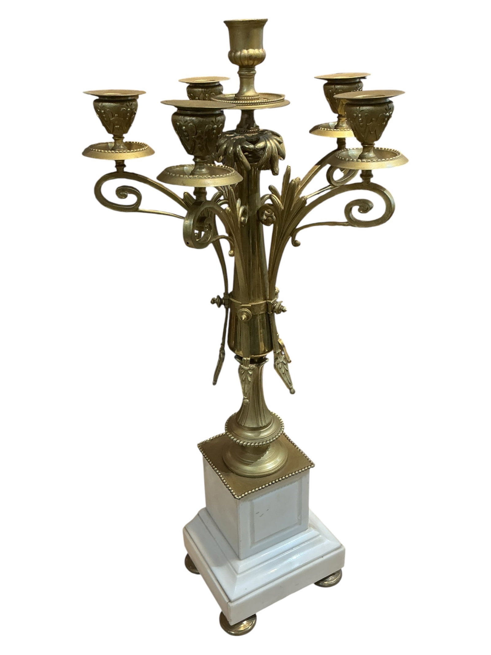 AQ155- Pair of Victorian Style Marble and Dore Bronze Six-Light Candelabra - 3
