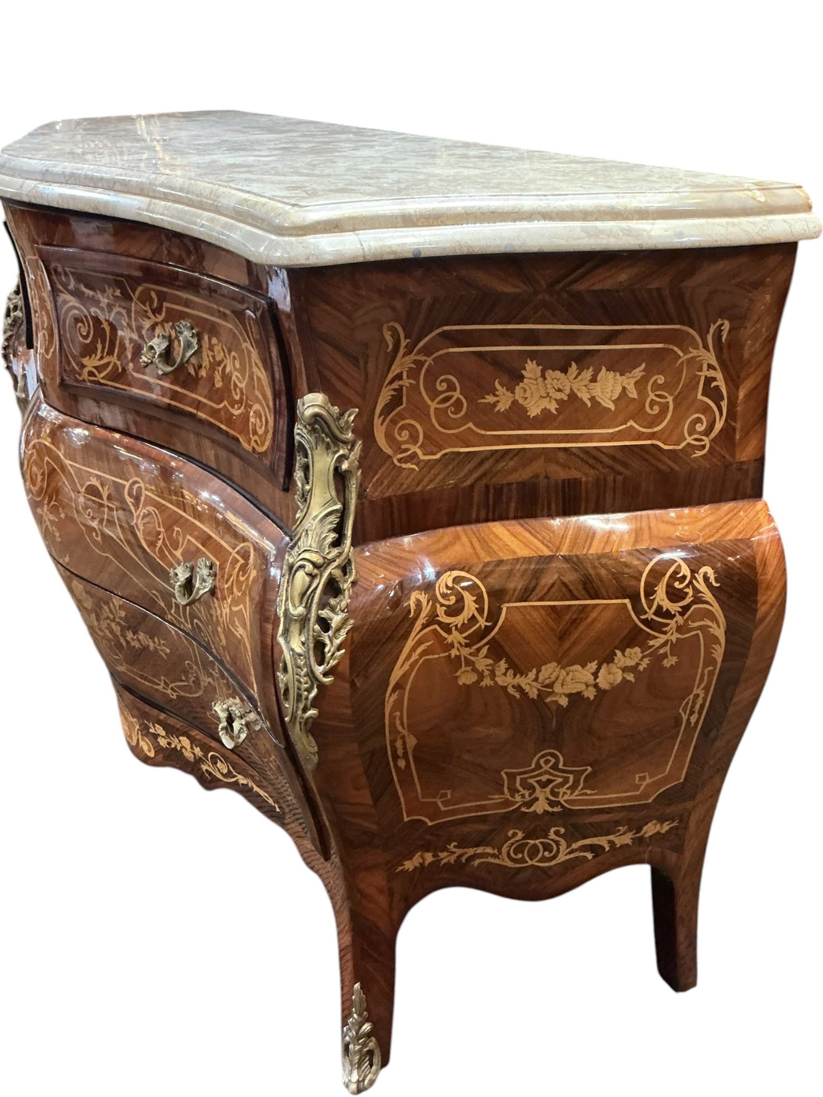 FR336 - French Style Marquetry Inlaid and Dore Bronze Mounted Four Drawer Commode - 2