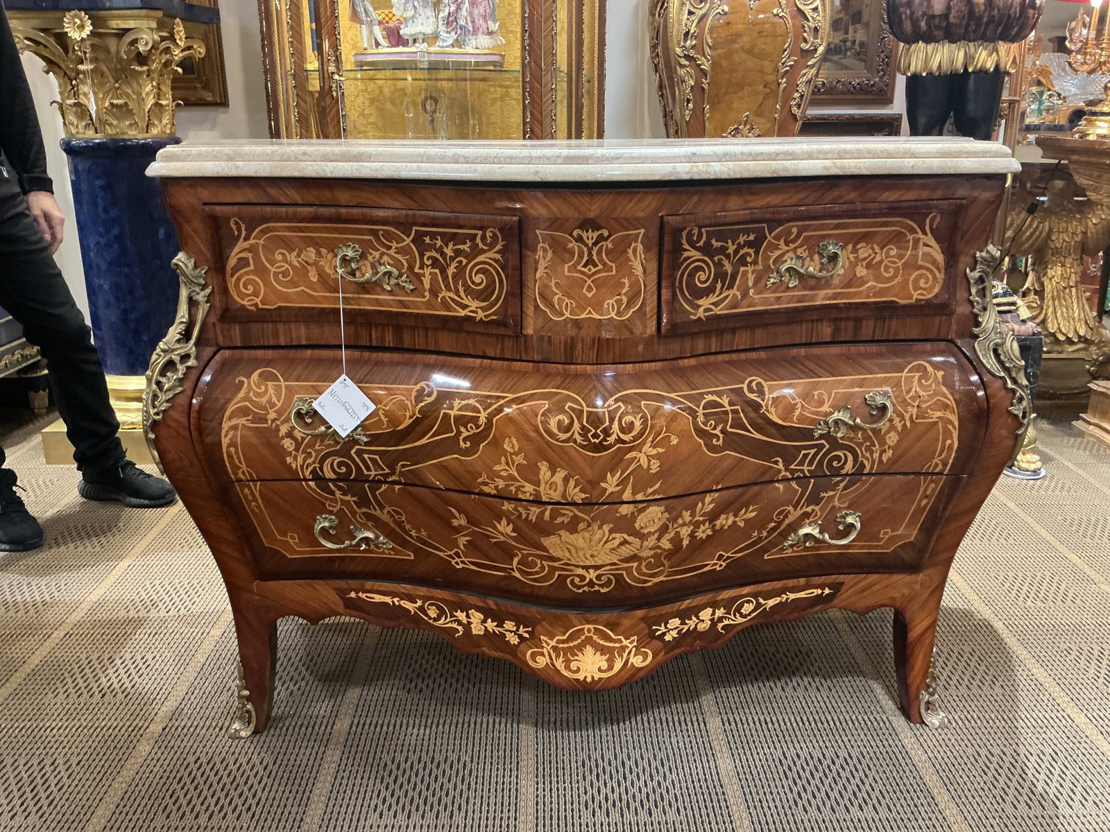 FR336 - French Style Marquetry Inlaid and Dore Bronze Mounted Four Drawer Commode - 5