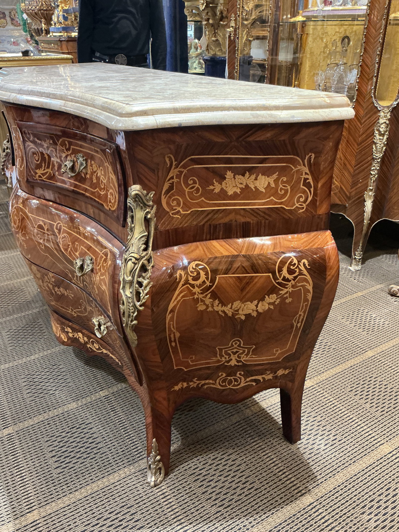 FR336 - French Style Marquetry Inlaid and Dore Bronze Mounted Four Drawer Commode - 6