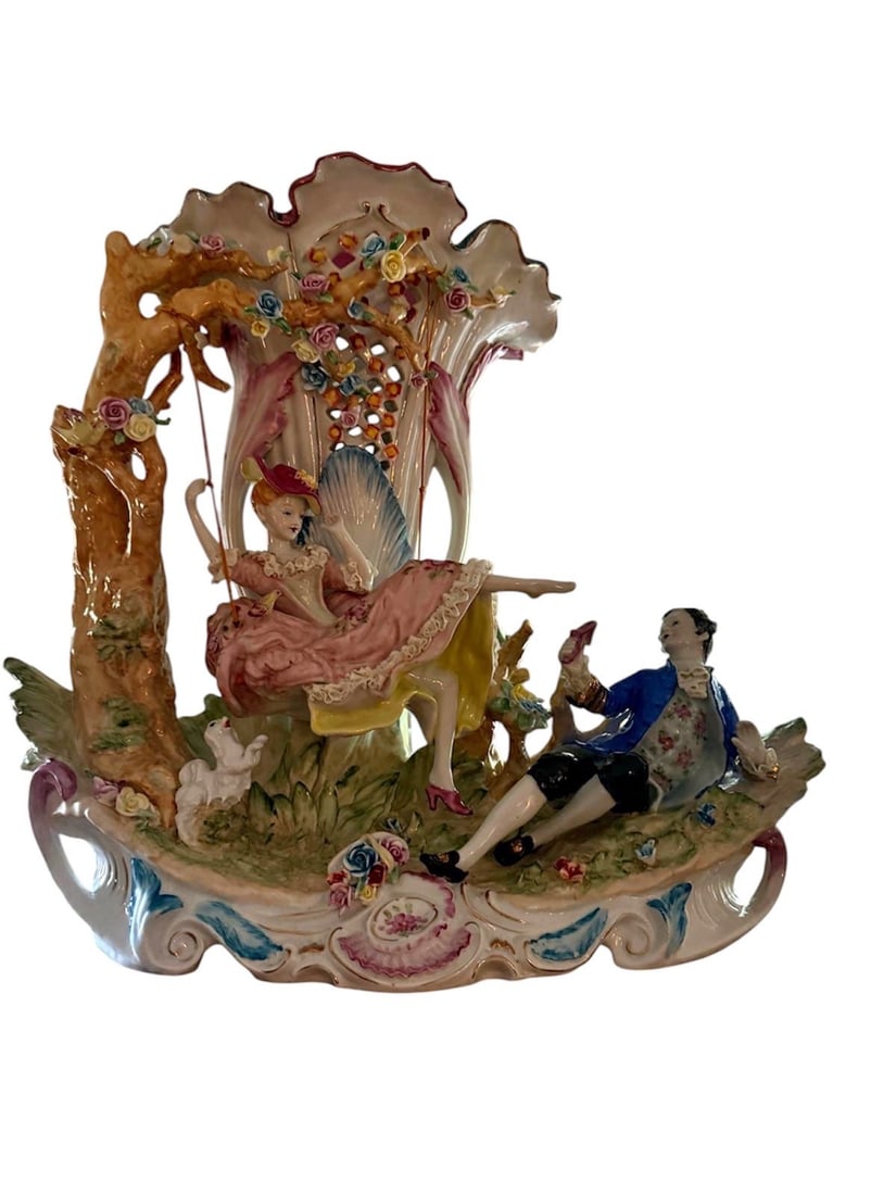 Large Vintage Rococo Style Figural Porcelain Centerpiece Vase Depicting "The Swing" (1 of 8)