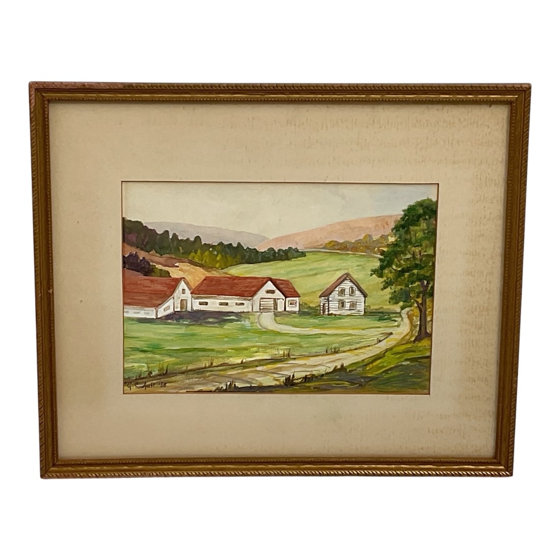 Farms in the Valley by George Copeland Ault (United States, 1891-1948) Watercolor on Paper: DescriptionAn evocative mid-century American Regionalist watercolor on paper depicting a quiet rural valley landscape. The composition features a cluster of white barns and a farmhouse with rich ter
