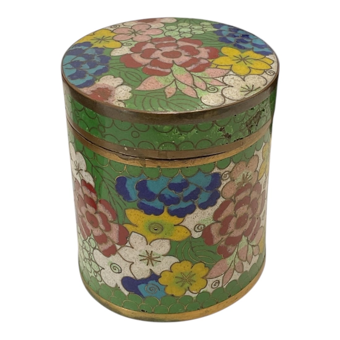 Antique Chinese Cloisonne Mille Fleurs Enameled Brass Covered Tea Caddy Jar: This exquisite antique Chinese cloisonné enamel tea caddy features a classic cylindrical form with a snugly fitting matching lid. The entire exterior surface is meticulously decorated in the vi