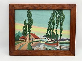 River Landscape with House and Boat Painting: Description: An unsigned painting depicting a house by a river with a boat. The artwork features stylized trees and a serene landscape. Framed. Medium: Oil on Board Dimensions: 15 x 19