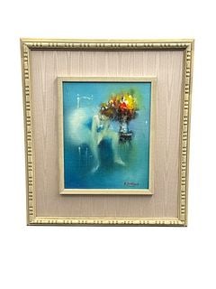Signed Abstract Figurative Painting by A Lourenço in Frame: This lot features a signed abstract figurative painting by A Lourenço, presenting a stylized human form rendered in cool blue tones with expressive bursts of warm color concentrated in the