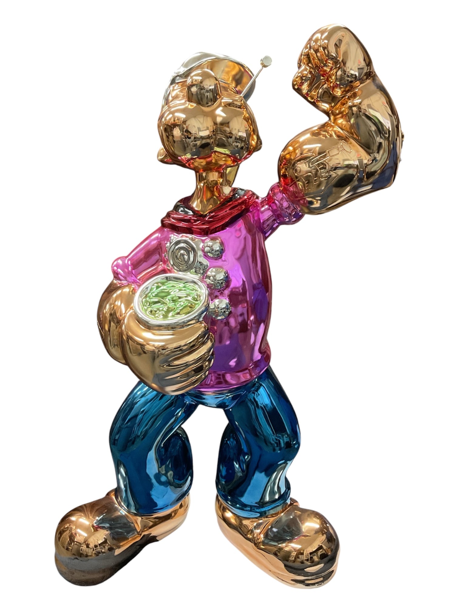 Contemporary Popeye Inspired Pop Art Sculpture: Large-scale contemporary pop art sculpture inspired by the classic cartoon character Popeye, rendered in a vibrant high-gloss metallic finish. The figure is depicted flexing an oversized muscular arm