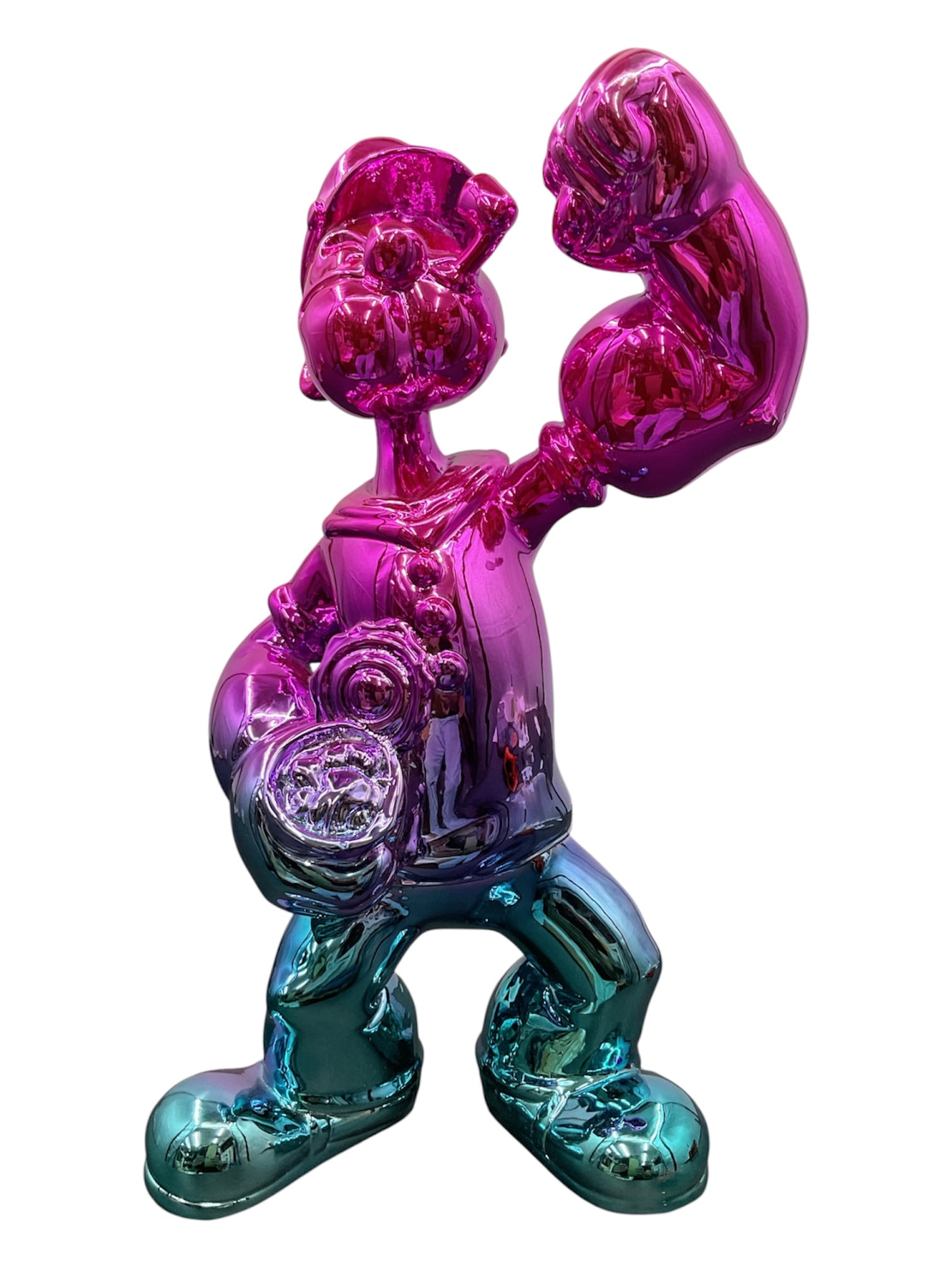 Contemporary Chrome Popeye Style Boxer Sculpture: Contemporary decorative sculpture depicting a stylized sailor character in the manner of Popeye with an exaggerated flexed arm pose. Finished in a vivid iridescent chrome gradient transitioning from
