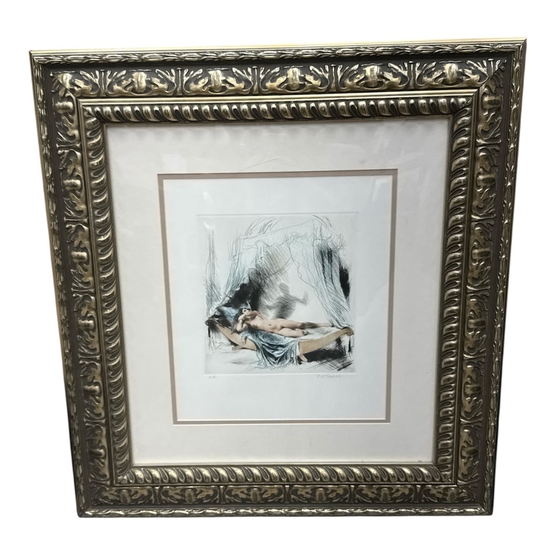 The Shadow by C J Bauer Limited Edition Hand Colored Etching: Limited edition hand colored etching titled The Shadow by artist C. J. Bauer. The composition depicts a reclining female figure rendered with expressive etched linework and subtle hand-applied color a