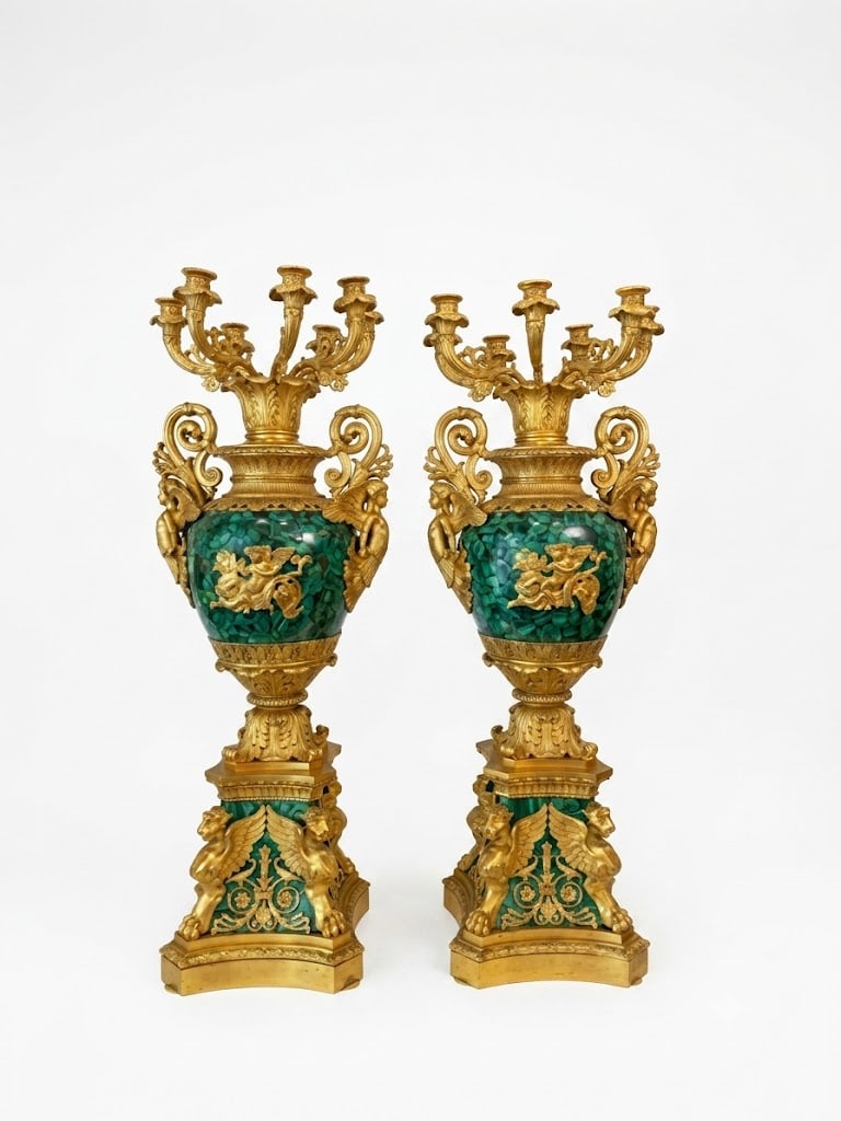 Pair of Russian Malachite and Dore Bronze Seven Arm Candelabras (1 of 6)