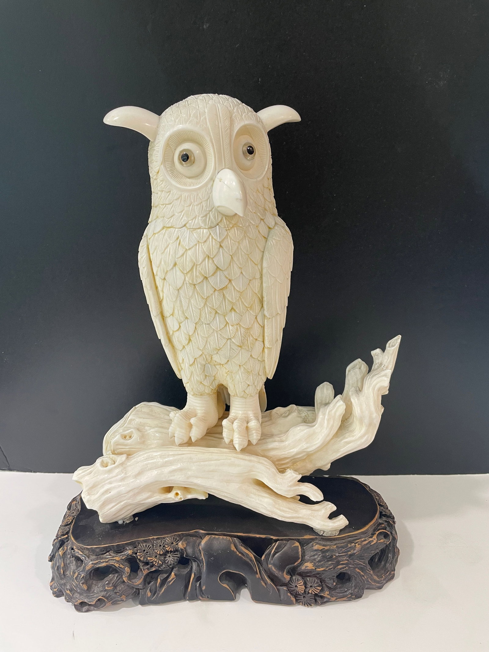 Hippo Carving of an Owl Perched on Branch Atop of Handcarved Wooden Base (1 of 5)