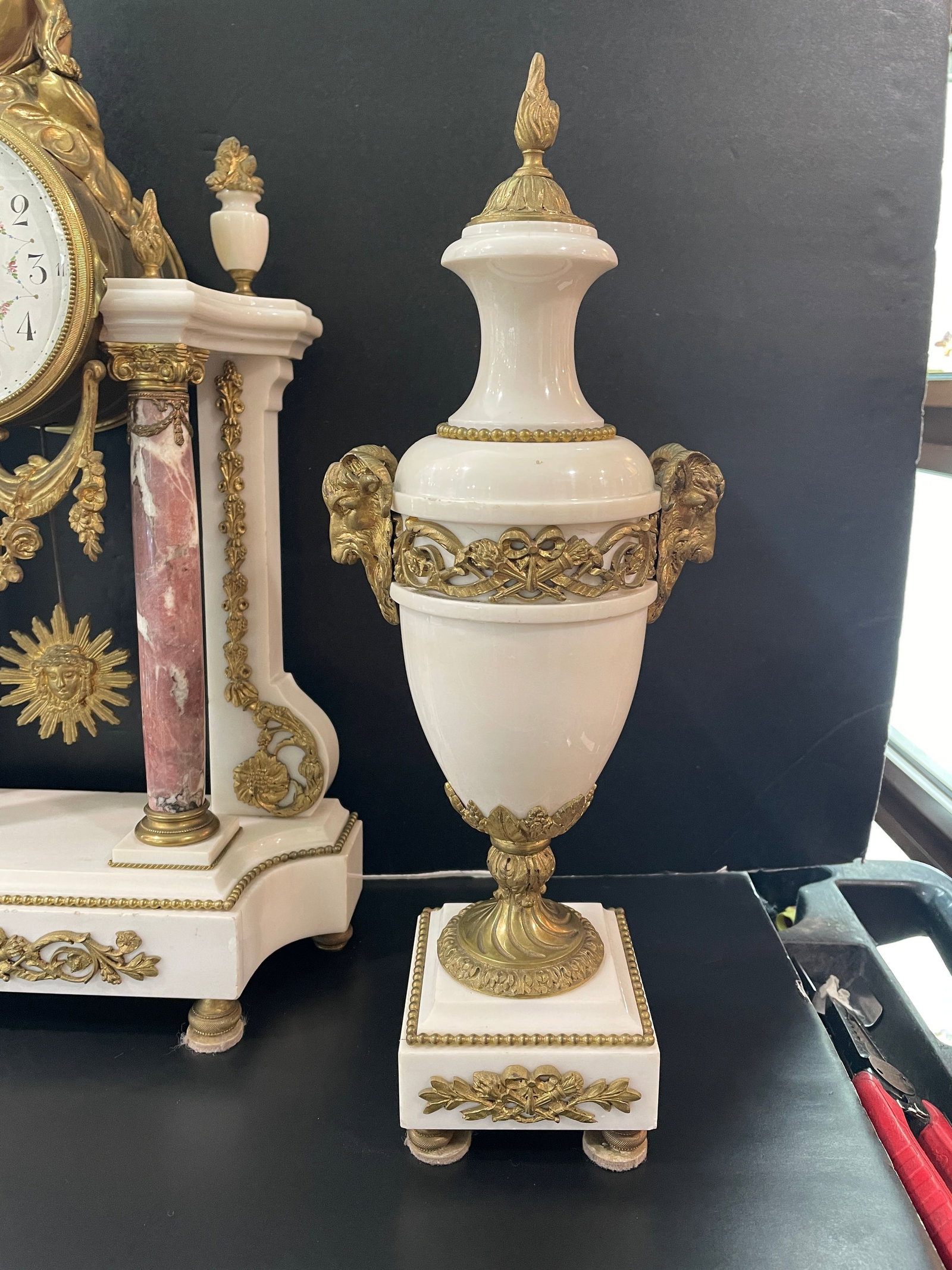 French C1880 Rouge & White Marble Three Piece Clock Set - 2