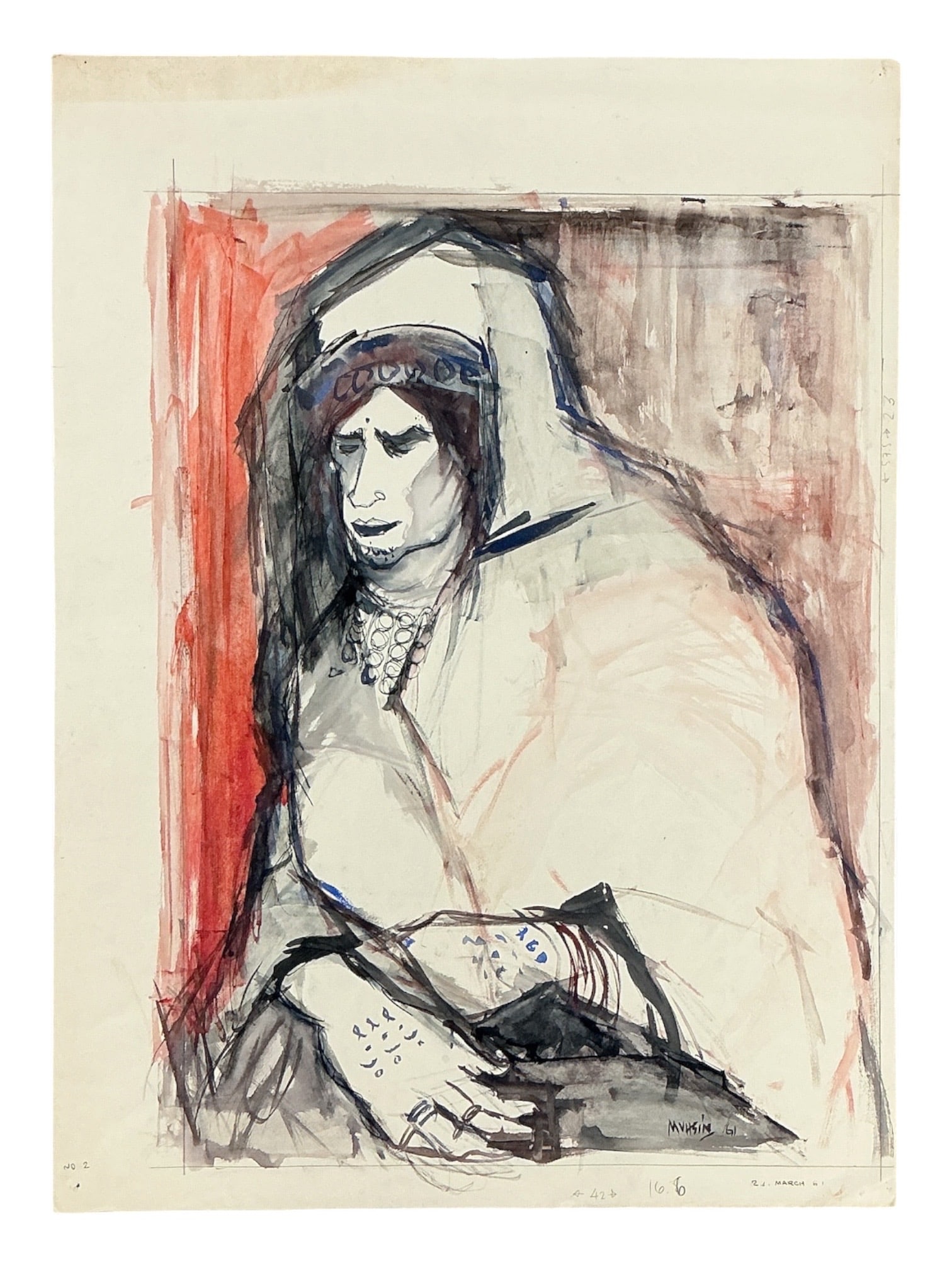 Untitled (Veiled Woman) by Muhsin Kut (Turkey, 1938-2022) Watercolor and Ink on Paper: Specifications: Medium: Watercolor