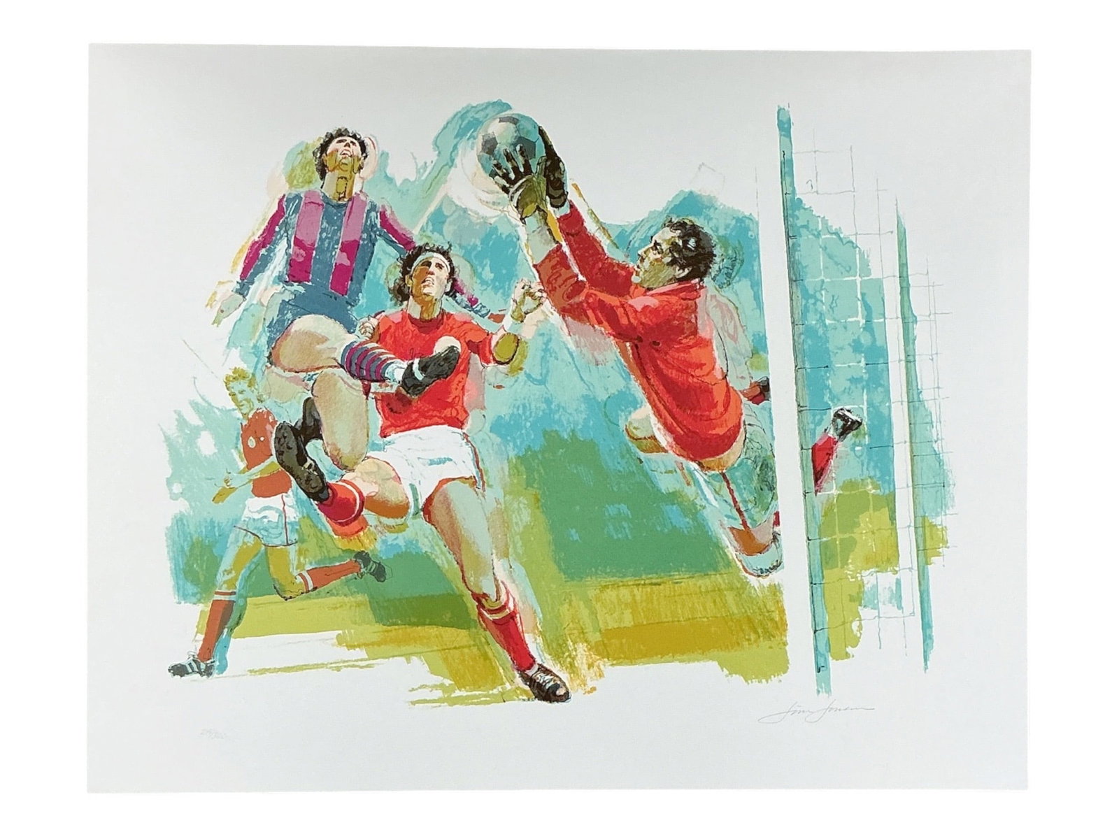 Major Indoor Soccer League by Jim Jonson (United States, 1928-1999) Lithograph: A limited edition color lithograph portraying dynamic indoor soccer action, depicting players leaping near the net as a goalkeeper reaches to make a save. Hand-signed in pencil by artist Jim Jonson lo