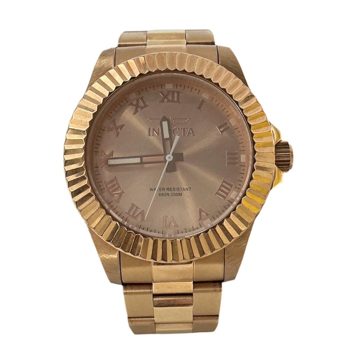Pro Diver by Invicta (Switzerland, n.d.) Rose Gold-Tone Stainless Steel: A contemporary Invicta quartz wristwatch featuring a monochromatic rose gold-tone design. The watch includes a stainless steel case and a matching oyster-style link bracelet with a fold-over clasp. Th