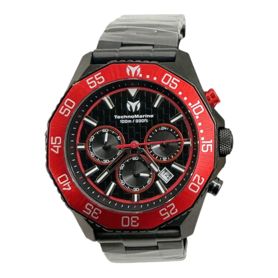 Racing Legends by TechnoMarine (Switzerland/Japan, n.d.) Stainless Steel and Mineral Crystal: This is a TechnoMarine "Racing Legends" chronograph wristwatch featuring a 44mm black stainless steel case with a striking red fixed bezel. The dial is black with a textured pattern, red acc