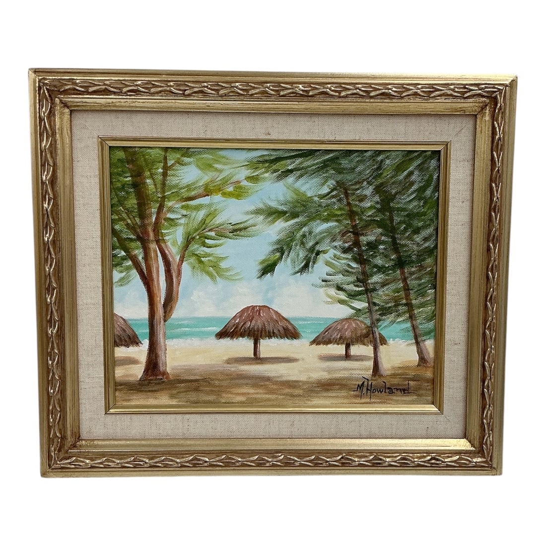 Tropical Beach Landscape by M. Howland Oil on Canvas: An original oil painting on canvas depicting a serene tropical beach landscape, signed by the artist M. Howland in the lower right corner. The composition captures a sunny coastal scene framed by lush