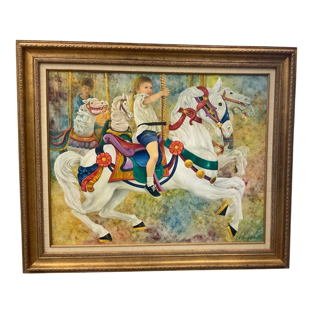 Honey W. Kurlander (United States, B.1929) Oil on Canvas: A nostalgic and whimsical mid-century painting depicting a young child riding an ornate white carousel horse. Rendered with soft, expressive detail, the scene captures a classic merry-go-round ride se