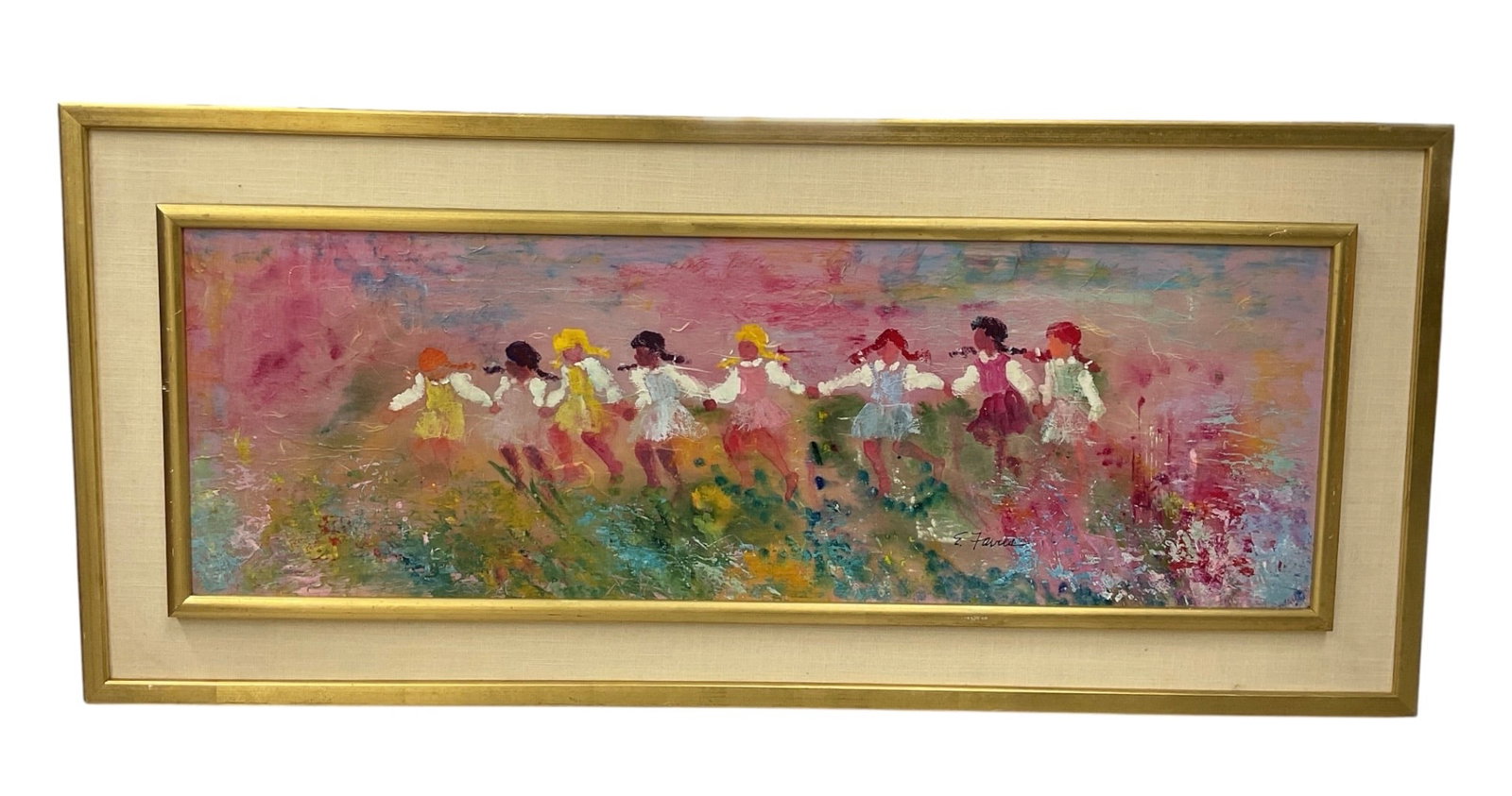 Girls Playing in a Meadow by Evelyn Favus Oil on Board: Orig