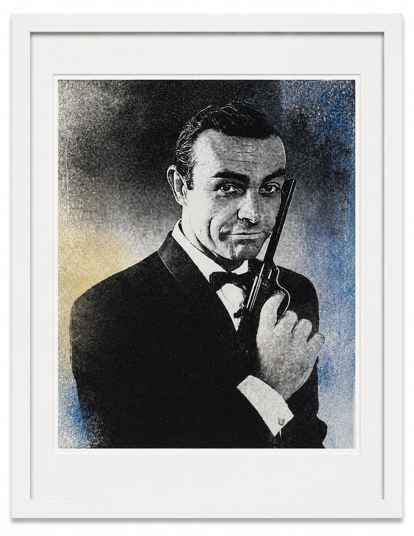 "James Bond" by Punk Me Tender (French, B.1982) Mixed Media W/COA: This sleek and high-impact contemporary work brings a sophisticated urban pop aesthetic to cinematic history. The composition features a crisp, stylized halftone representation of Sean Connery in his 