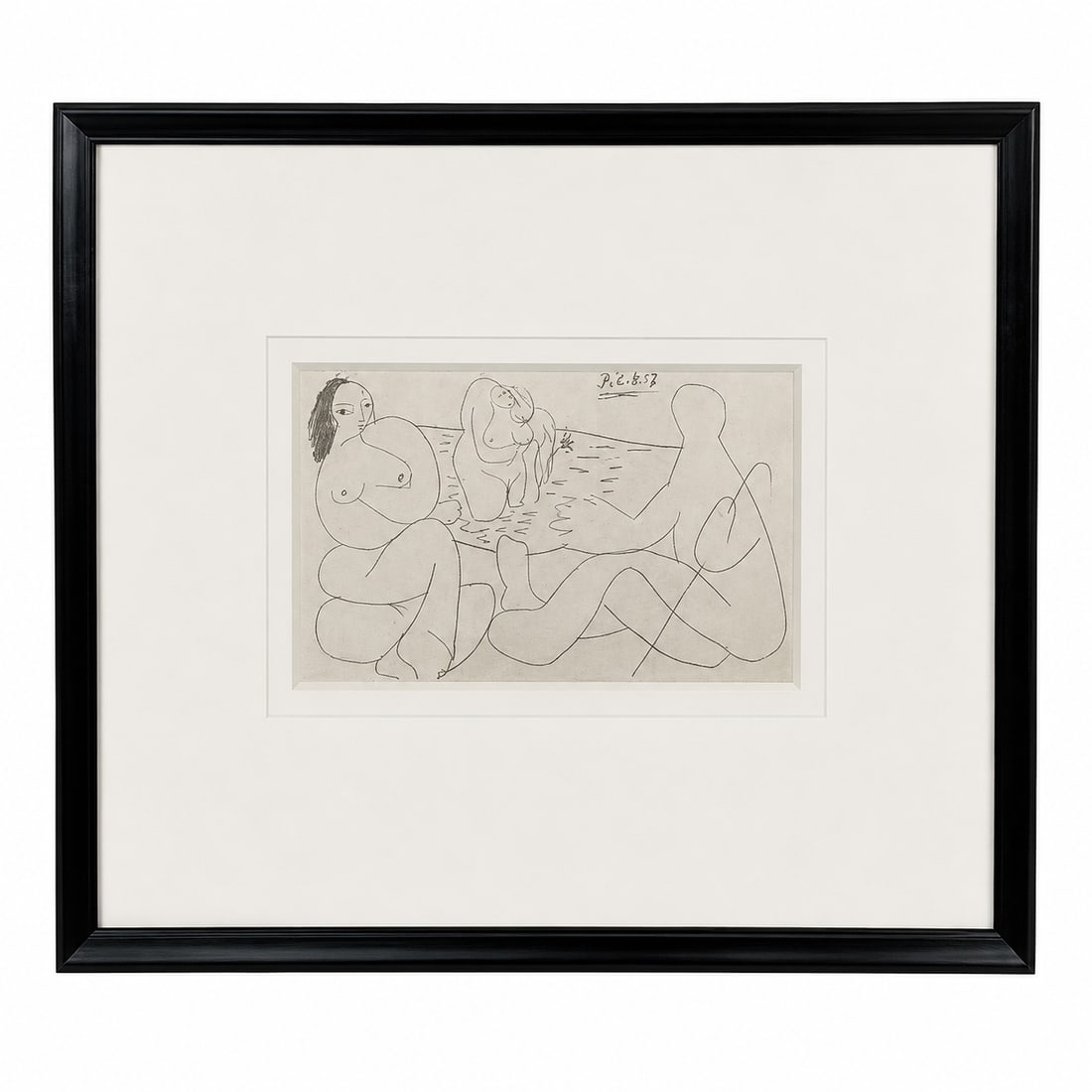 "Le Déjeuner sur l'Herbe" by Pablo Picasso (Spain, 1881-1973) Lithograph: This framed print depicts Pablo Picasso's interpretation of "Le Déjeuner sur l'Herbe" (after Édouard Manet). The modernist scene features linear, stylized figures gathe