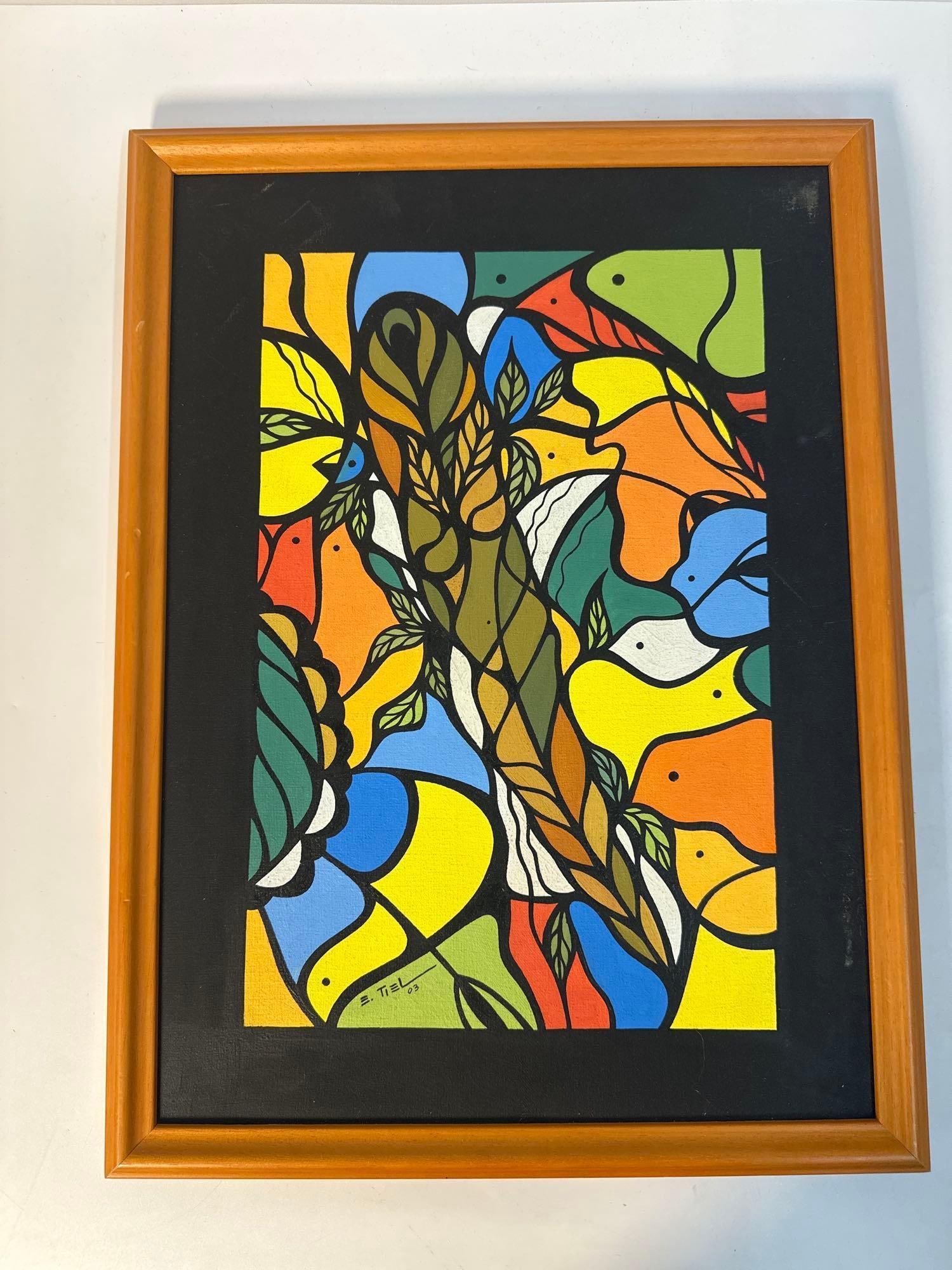 "Vibrant Nature" by Eddy Tiel (Cuban) Oil on Canvas: This lively and colorful painting by Cuban artist Eddy Tiel features a mosaic of bright, bold colors arranged in an abstract, stained-glass style. The central focus is a feather-like form surrounded b