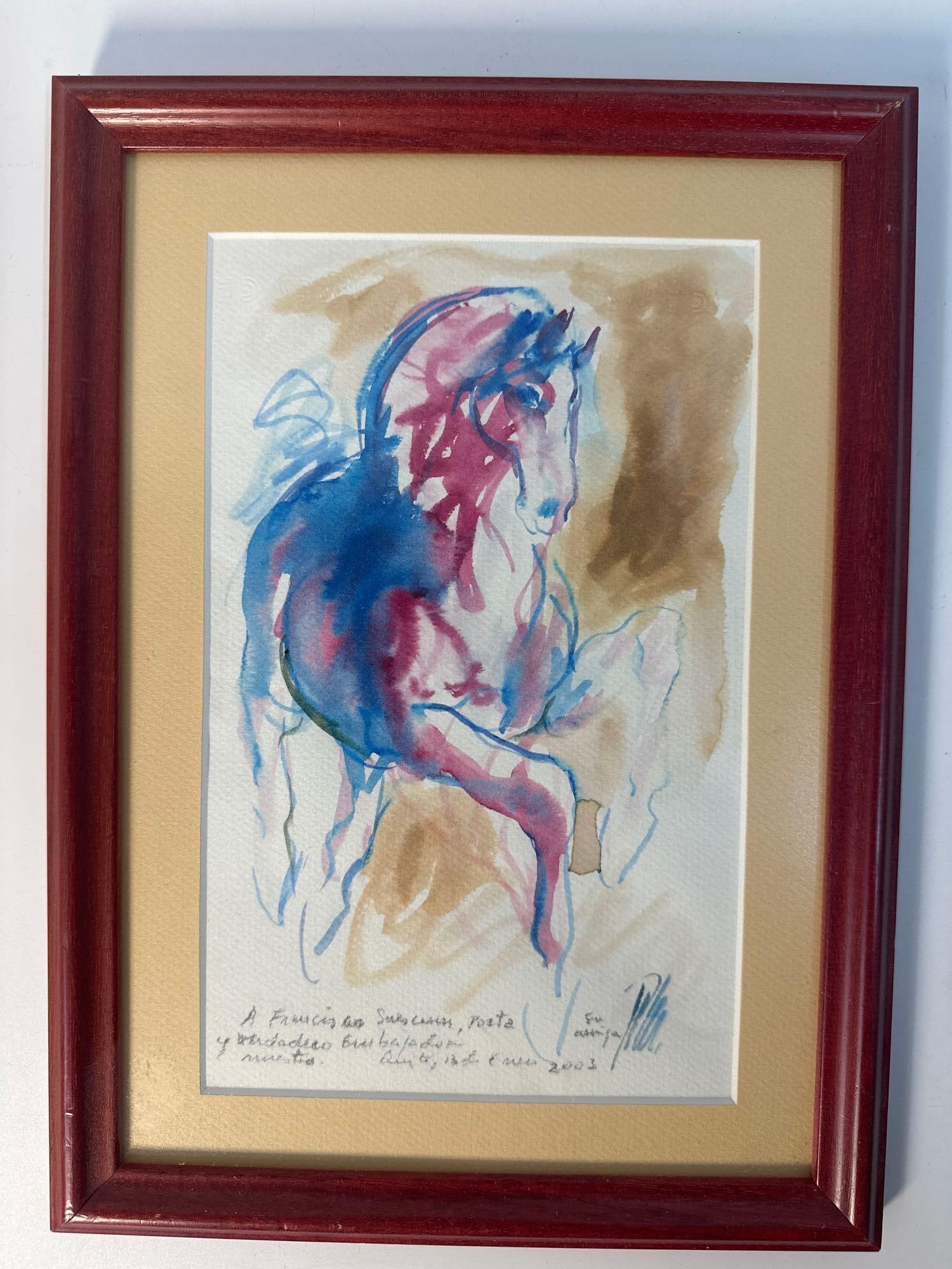 "Dynamic Horse" by Pilar Bustos (Ecuador, b.1945): This vibrant watercolor painting by Ecuadorian artist Pilar Bustos features a dynamic depiction of a horse. The artist uses fluid brushstrokes in shades of blue, pink, and red, contrasted with soft ea