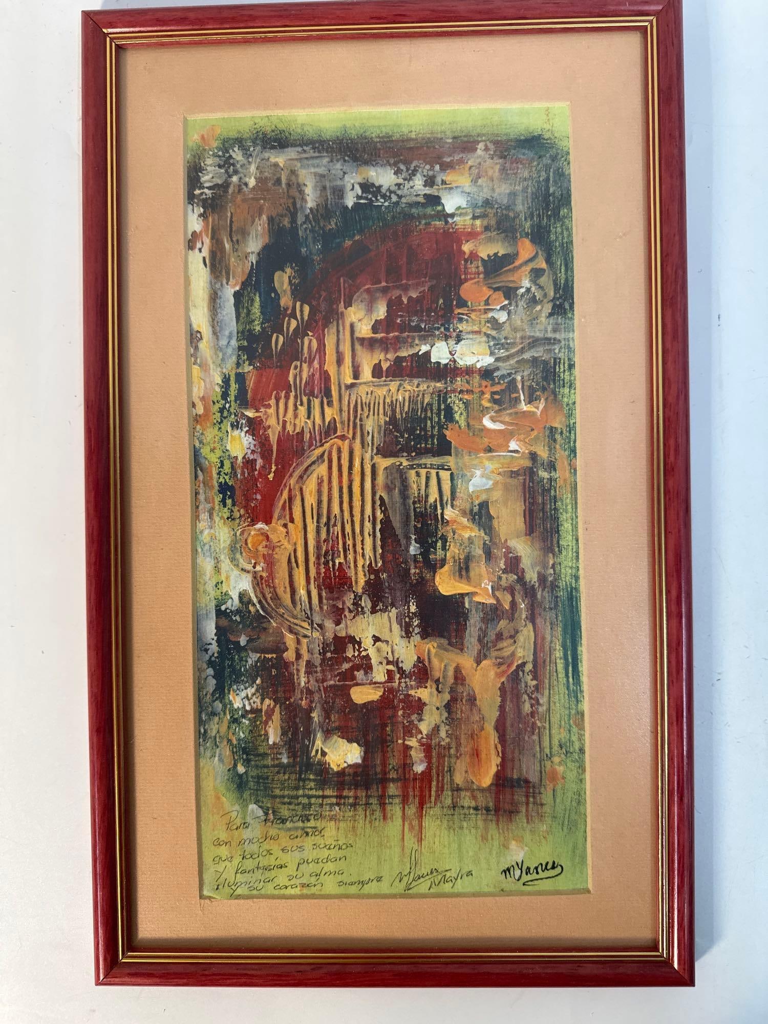 "Abstract Expression" by Mayra Yanes (Cuban): This bold and dynamic artwork by Cuban artist Mayra Yanes features a rich blend of colors and textures, creating an abstract and expressive composition. The painting incorporates layers of red, green,