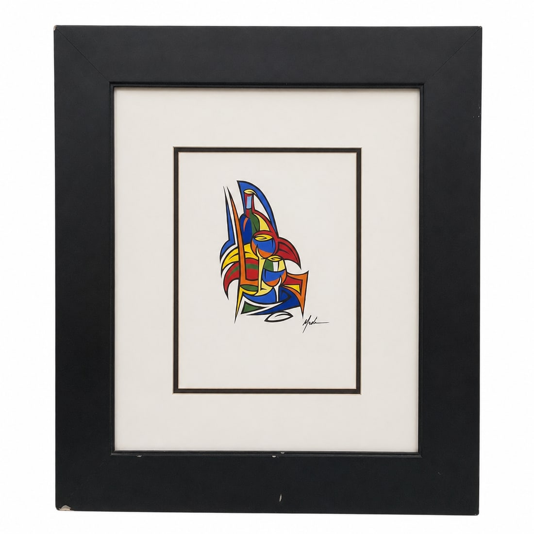 Wine II by Guido Mena (Cuban/American) Original Ink Drawing with Acrylic: An original Cubist-inspired mixed media artwork on paper by contemporary artist Guido Mena, titled Wine II. Rendered in crisp black ink with bold acrylic color fills in c