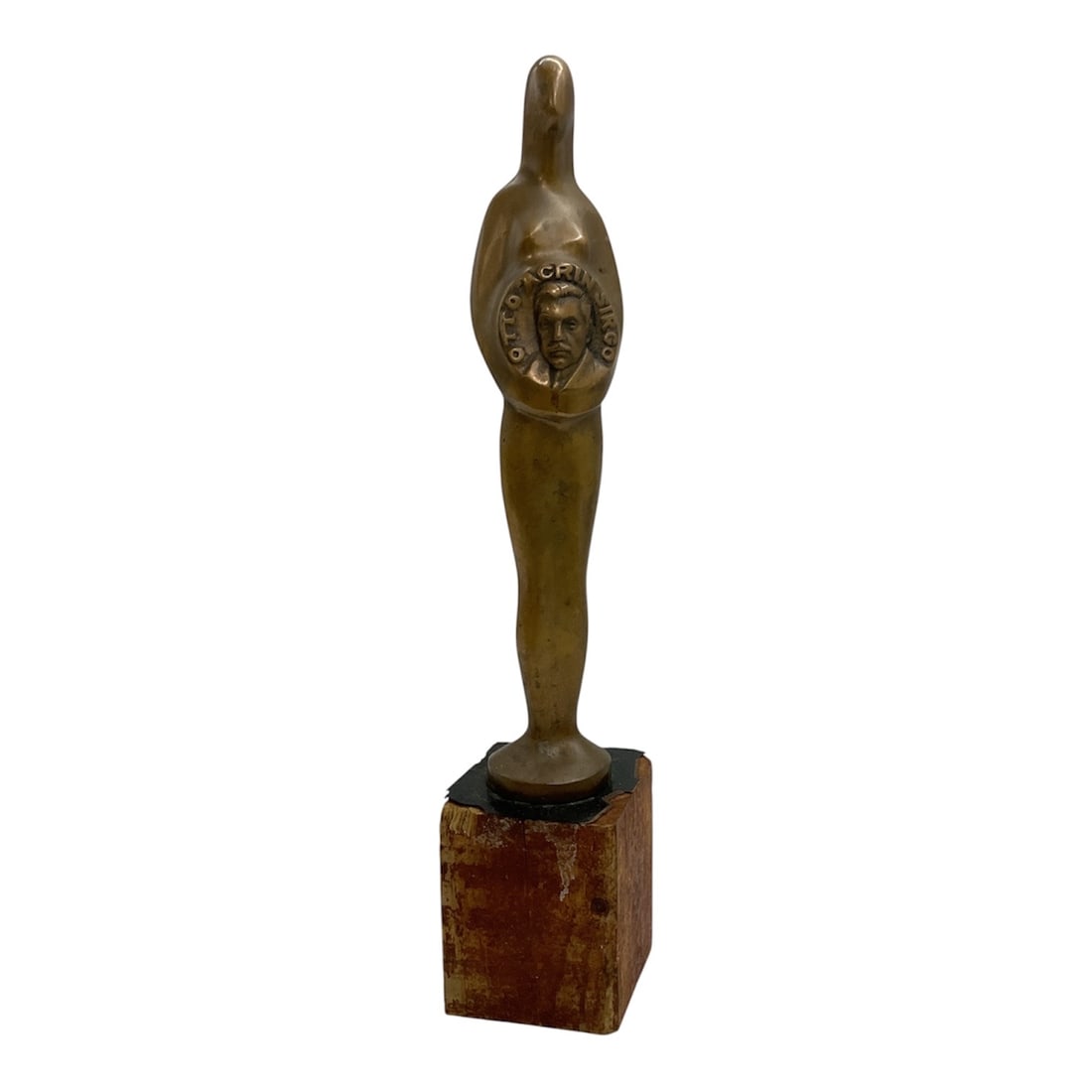 Otto Acrin Sirgo Latin Music Radio Award: Vintage solid brass figural award sculpture honoring Otto Acrin Sirgo, mounted on a rectangular stone base with a bronze patina finish. The stylized elongated fig