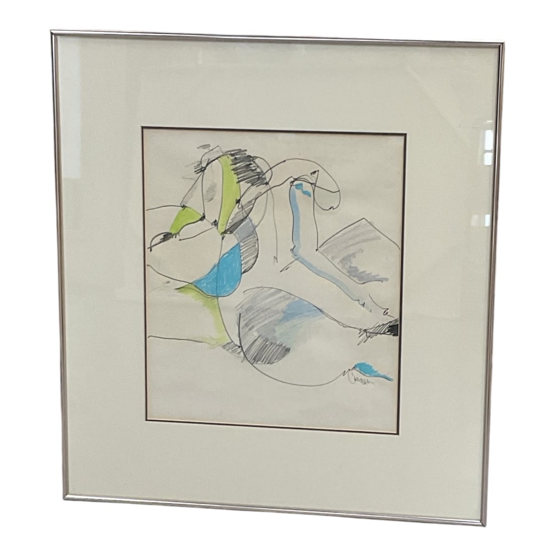 Carson (American, Active 20th Century) Graphite, Ink, and Colored Pencil on Paper: Original abstract figurative study executed in graphite, ink, and colored pencil on paper. The composition features energetic fluid line work with accented blocks of blue and green. Hand-signed "