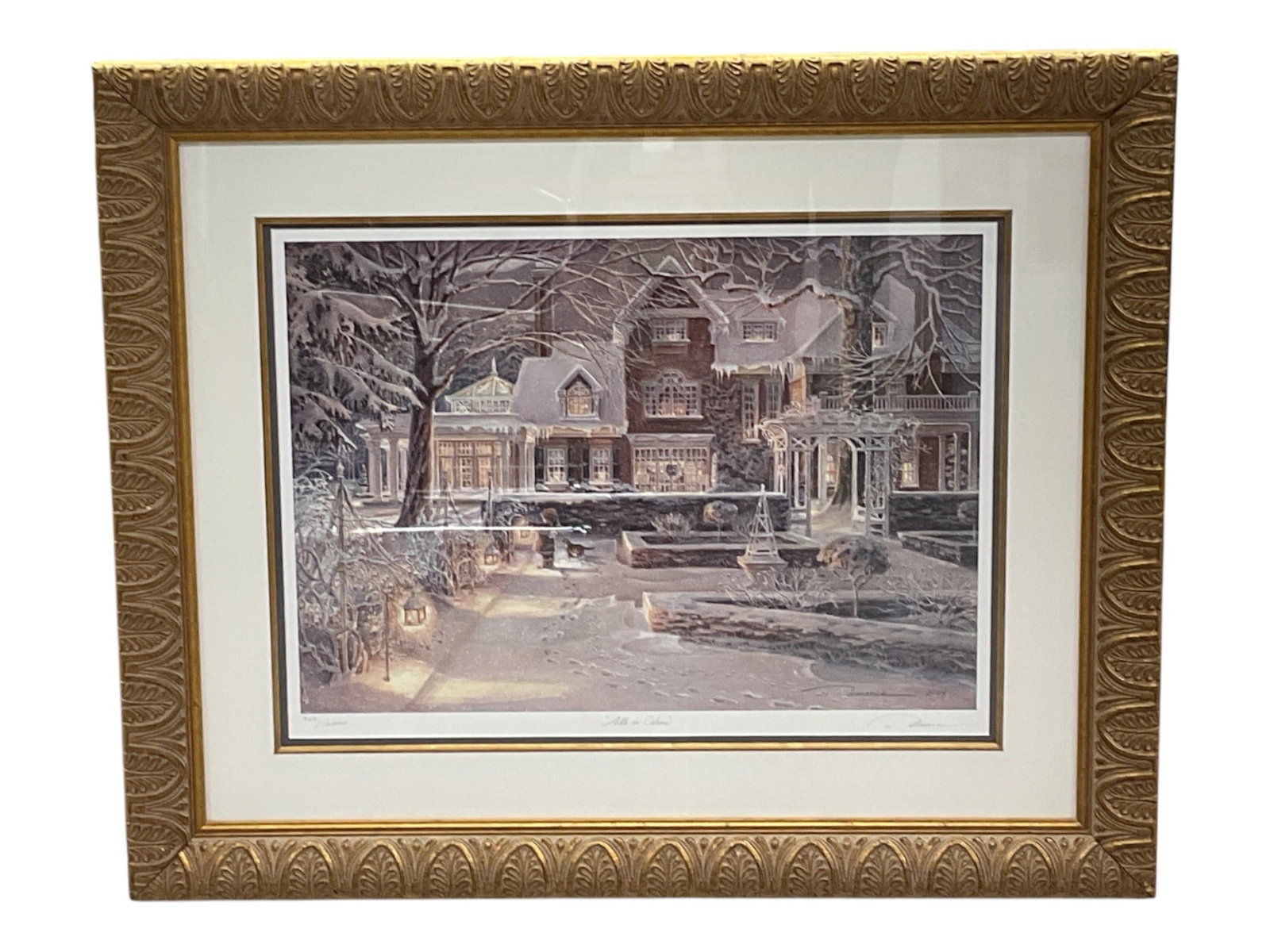 Trisha Romance All Is Calm Limited Edition Giclée, 929/10,000: Limited edition giclée titled All Is Calm by renowned Canadian artist Trisha Romance, depicting a peaceful snow-covere