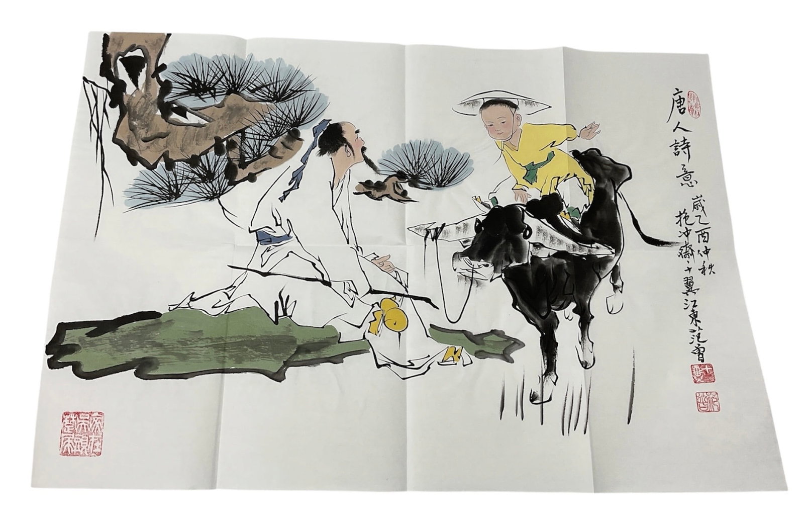 Attributed to Fan Zeng Chinese Ink on Paper Scroll Painting Laozi Leaving Hangu Pass: An evocative contemporary Chinese ink and wash scroll painting executed on rice paper, depicting the classical Daoist subject of Laozi Leaving Hangu Pass (Laozi Chu Guan