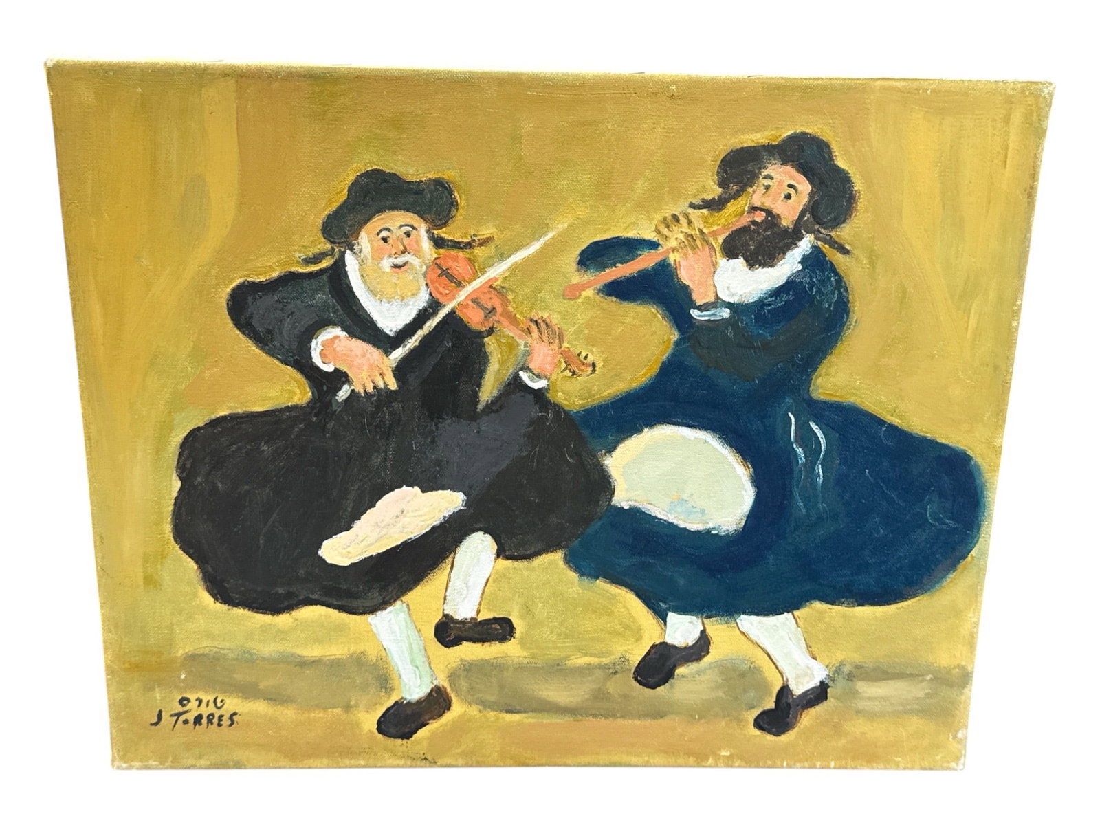 Oil on Canvas of Hasidic Musicians Signed J. Torres: Original oil on canvas depicting two Hasidic musicians joyfully performing in motion against a warm ochre background. One figure plays a violin while the other plays a flute, their flowing garments