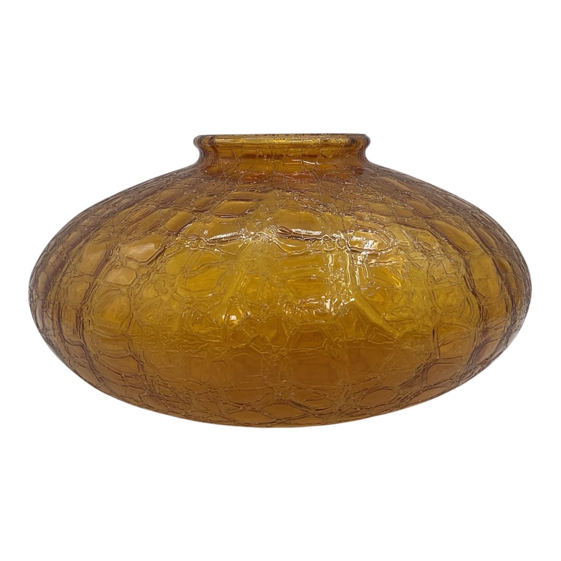 Vintage MidCentury Amber Crackle Glass Lamp Shade: Vintage MidCentury Modern lamp shade crafted in ambercolored crackle glass. The flattened globe form features an allover textured crackle pattern that creates a dynamic interplay of light and shadow w