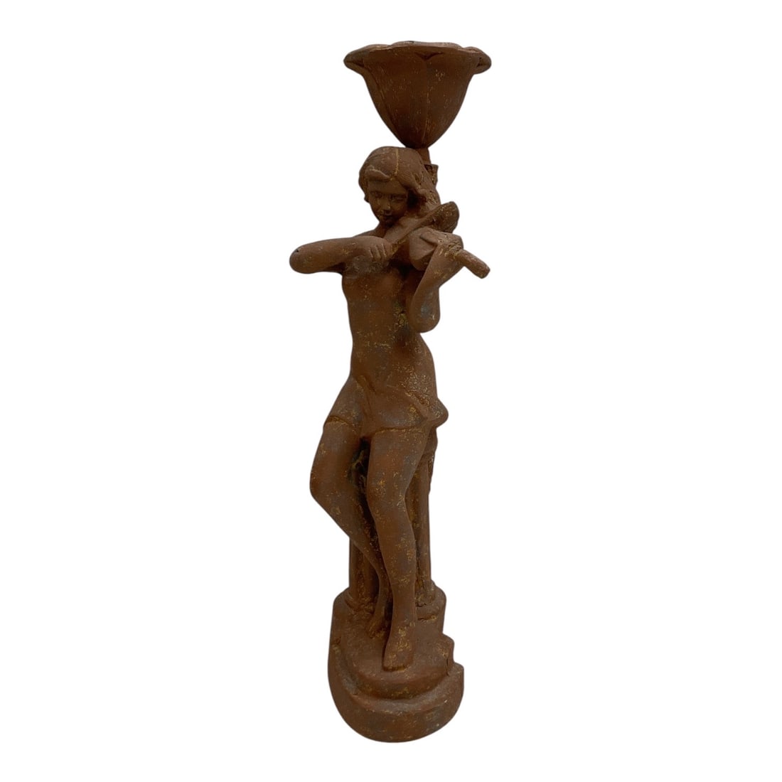Classical Female Figure Taper Candle Holder: Decorative garden statuette or taper candle holder depicting a draped female figure standing in a contrapposto pose while balancing a shallow vessel or planter above her head. The figure is rendered i