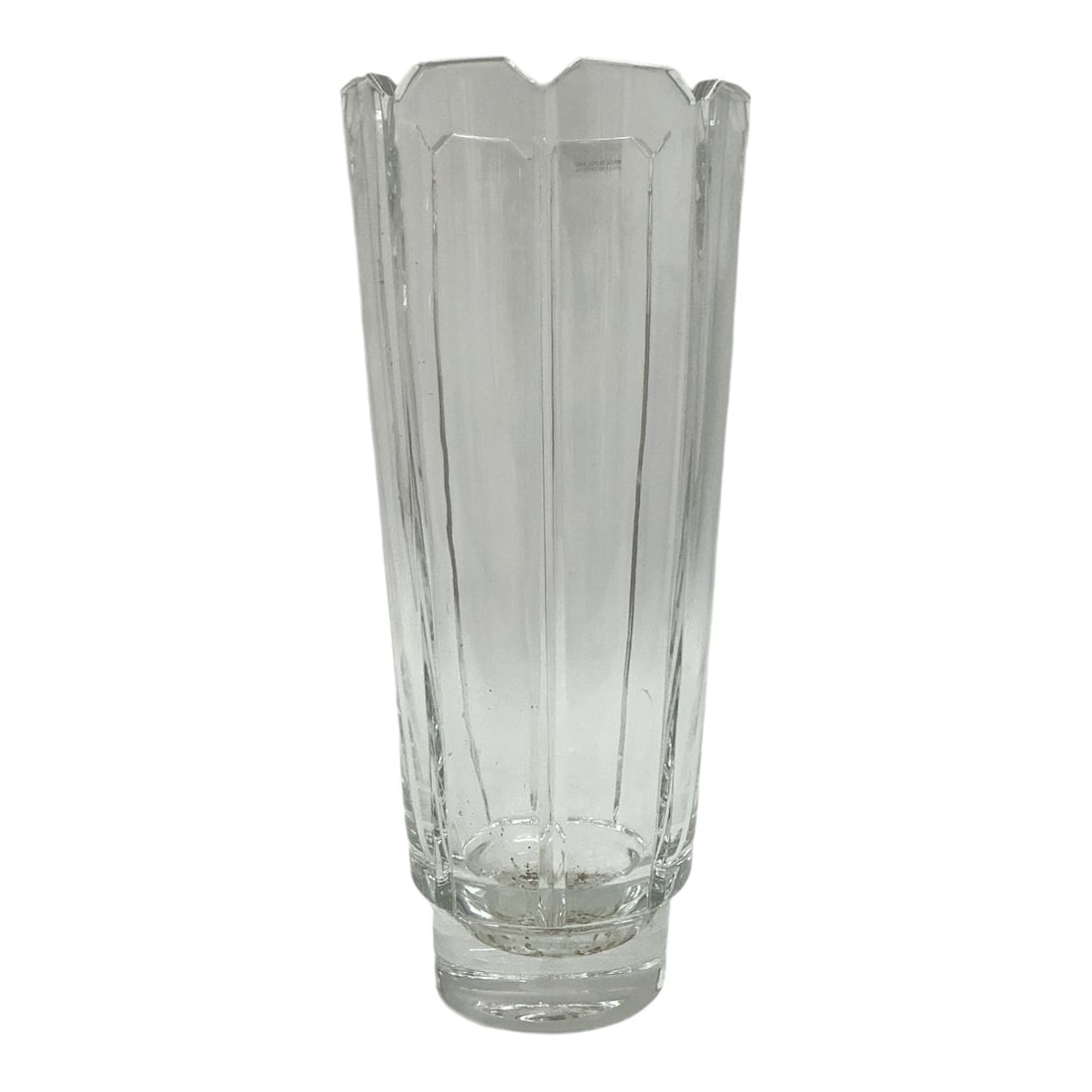 Fluted Panel Vase (Poland, 20th Century) 24% Lead Crystal: A heavy 24% lead crystal vase crafted in Poland, featuring clean vertical fluted panels along the flared body and a stepped circular base.