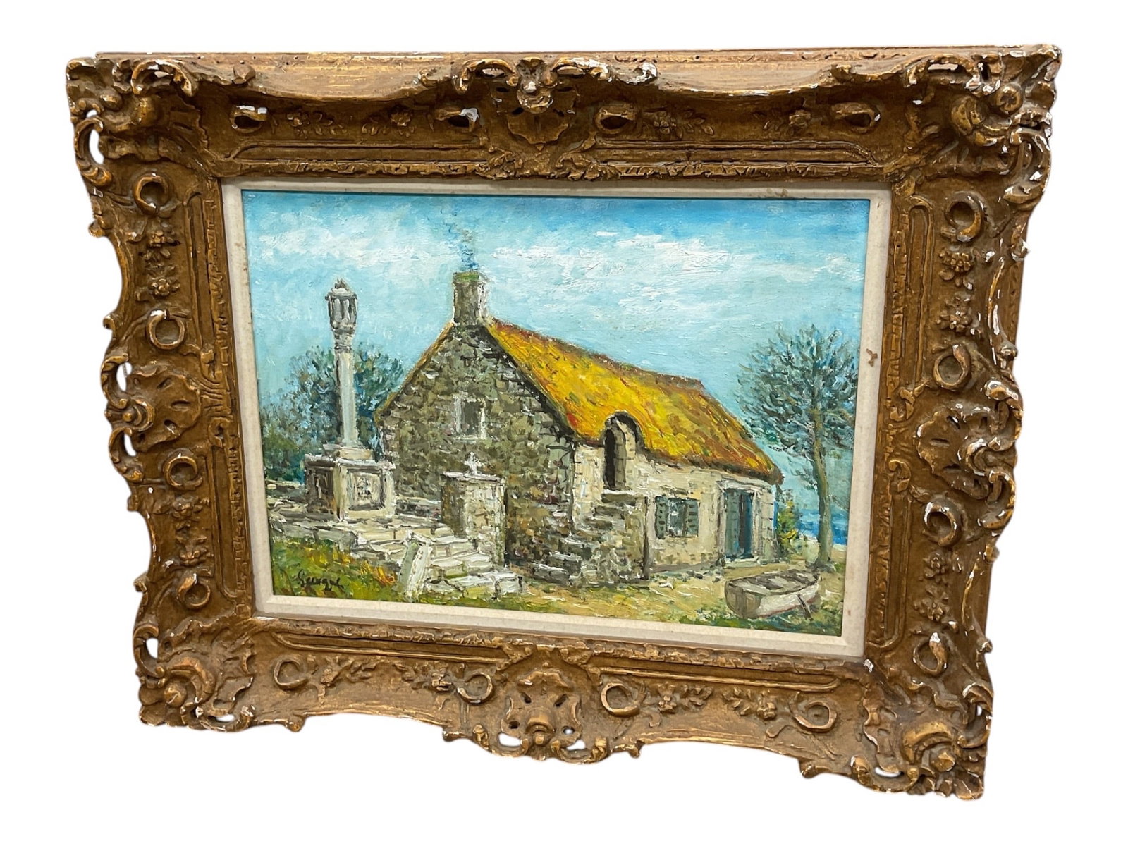 "Coastal Stone Cottage with Calvaire" by Alois Lecoque (Czech Republic, 1891-1981) Oil on Board (1 of 4)