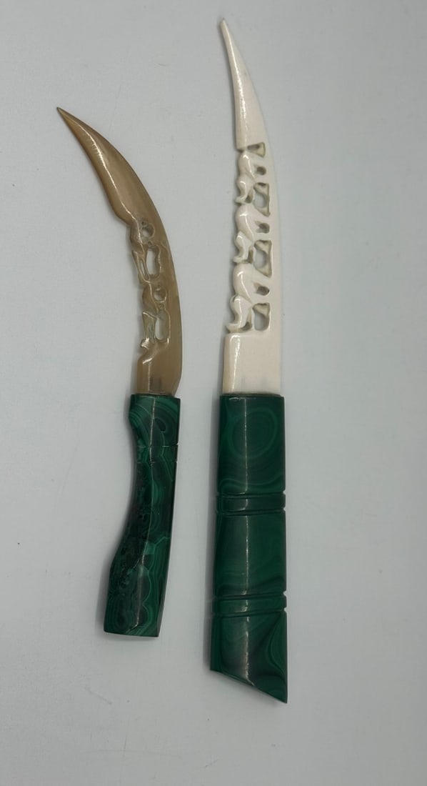 A Pair of Vintage Hand-Crafted Malachite and Carved Bone Desk Knives / Letter Openers (1 of 2)