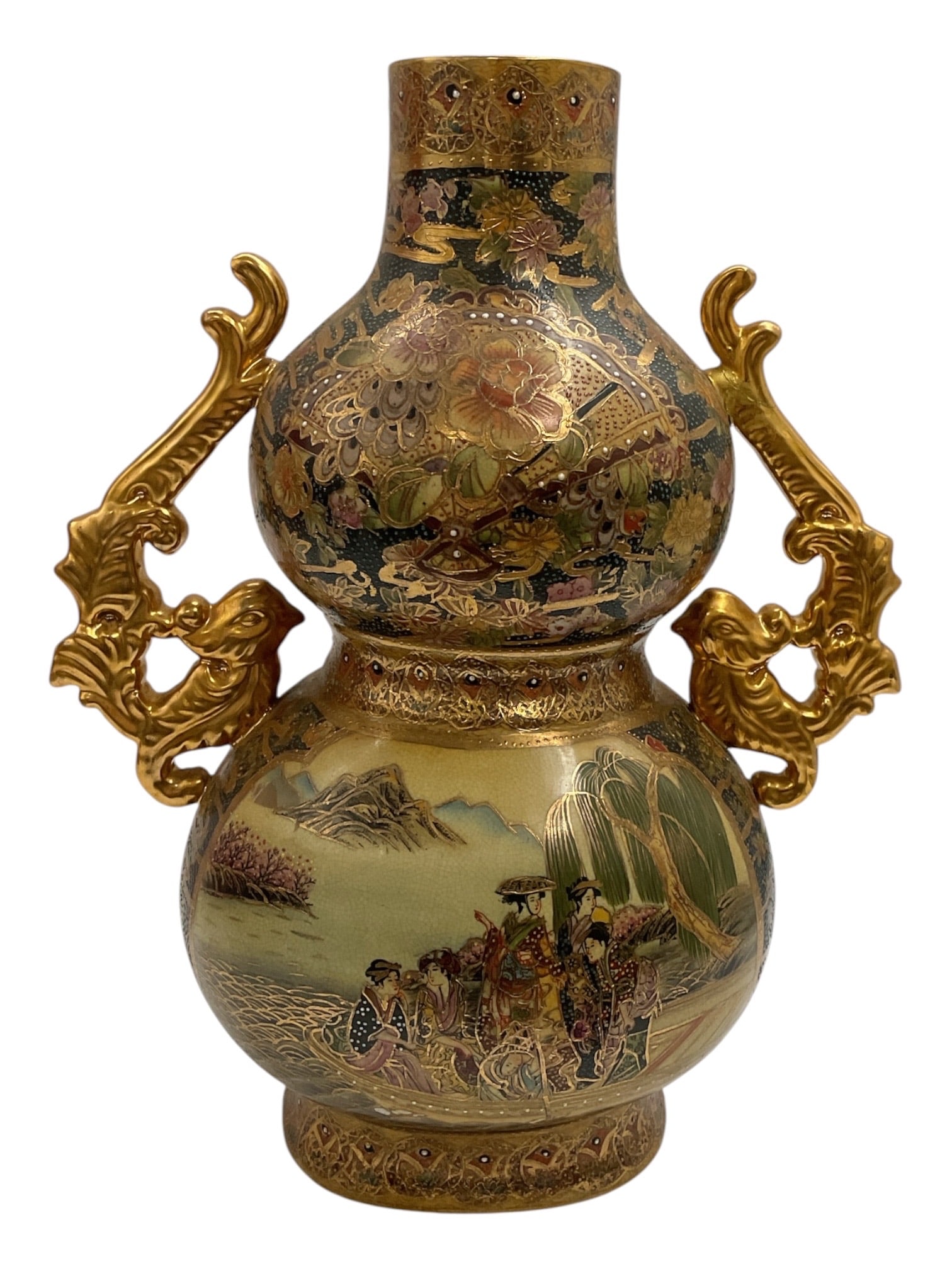 Large Japanese Satsuma Double-Gourd Vase with Dragon Handles (1 of 7)