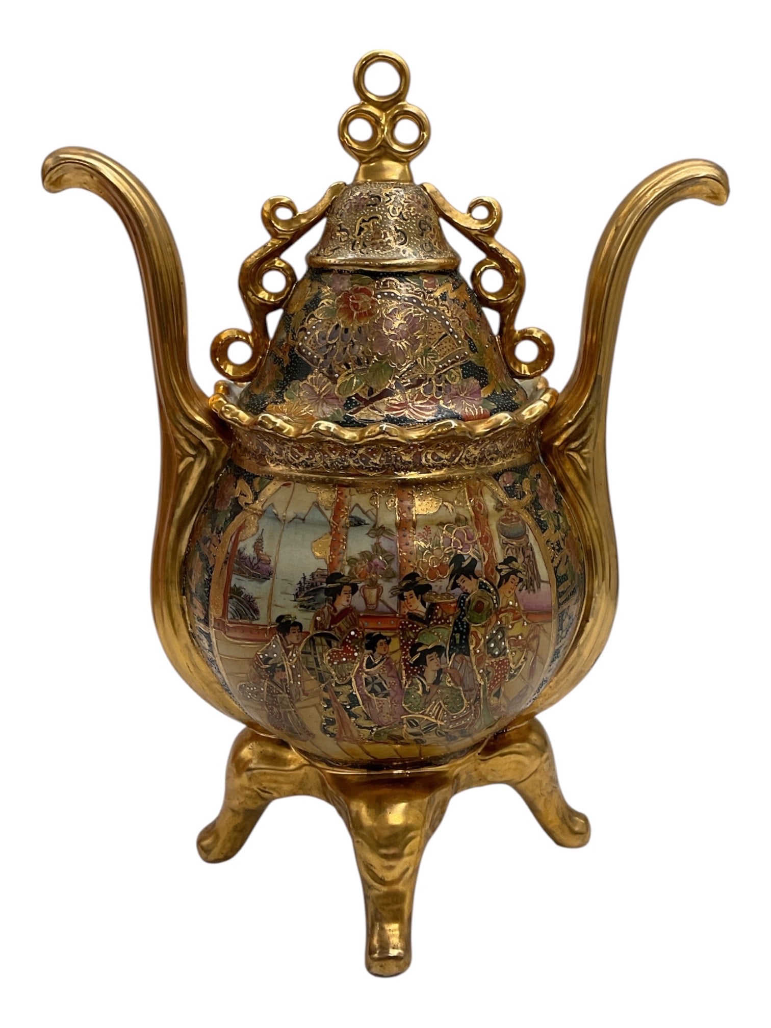 Chinese Satsuma Figural Ewer with Cover: Large Chinese-made Satsuma ewer featuring a bulbous ceramic body richly decorated with detailed figural scenes depicting numerous figures within traditional landscape and architectural settings. Exten