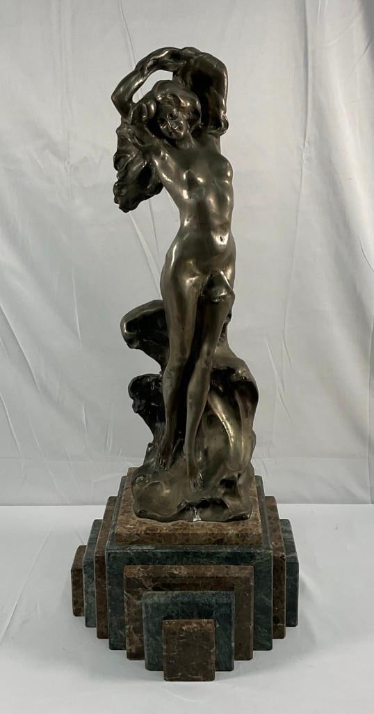 Cast Silver after Vitorrio Cardassi art nouveau Sculpture: By the Sea by Vitorrio Cardassi after, cast silver on marble base, limited edition piece numbered 1 of 10 and dated March, 8, 1996. This piece was produced by the Charlie Wambold bronze