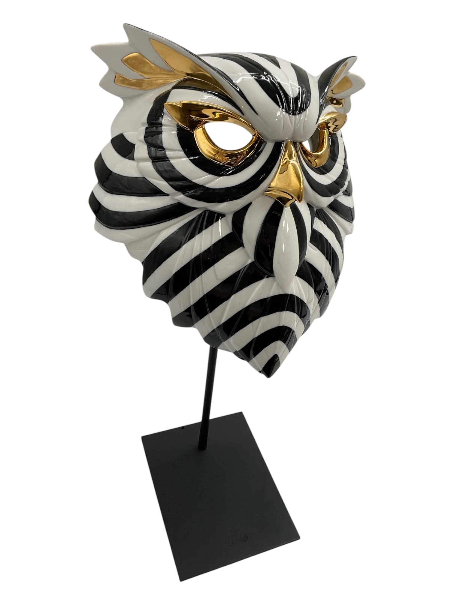 "Owl Mask" by Lladró (Spain, 1953-) Porcelain: This contemporary glossy porcelain sculpture is part of the Fierce Portraits collection, depicting an owl with bold graphic black-and-white linear patterns across its stylized facial structure. Hand-a
