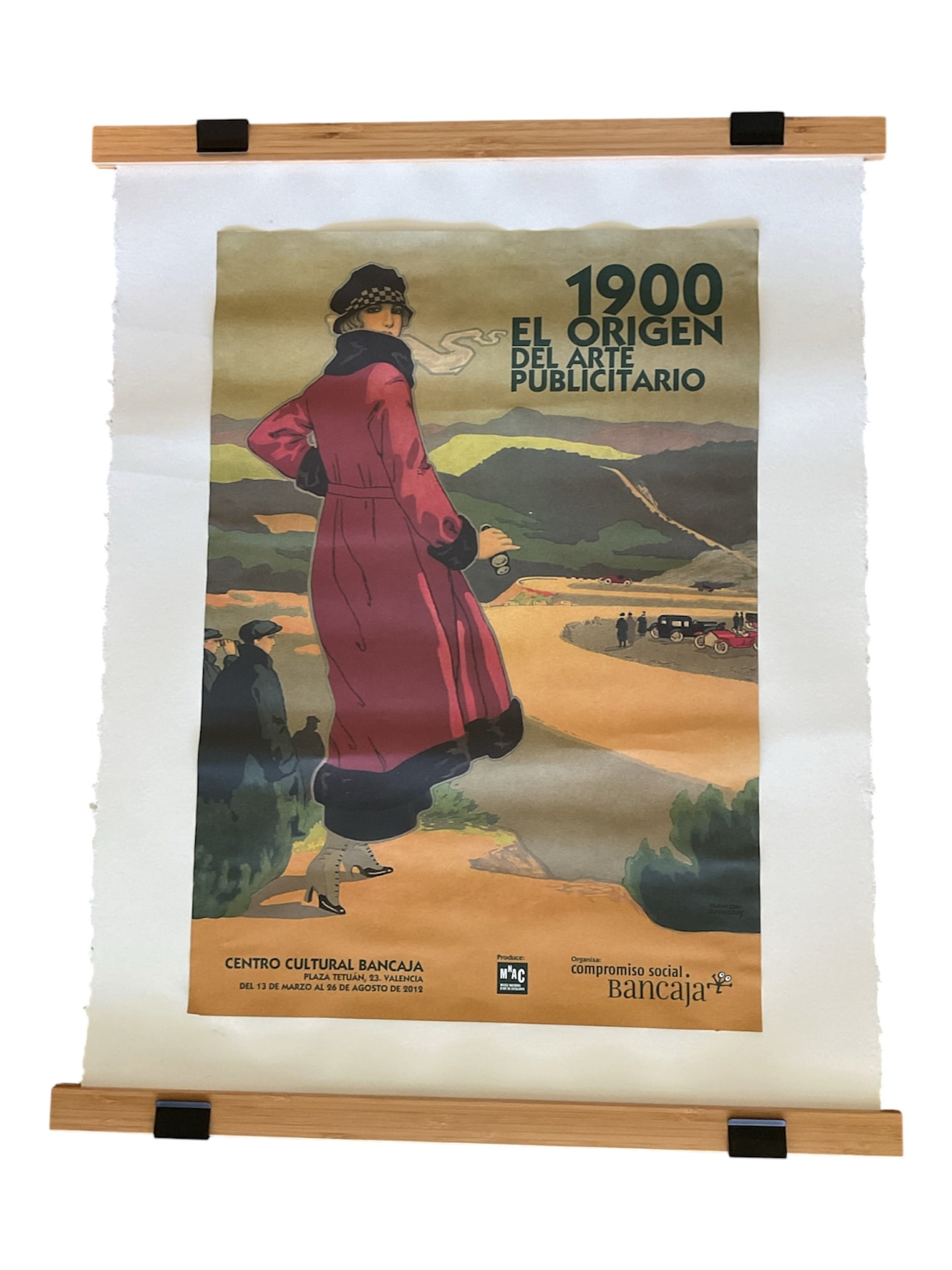 "1900 El Origen del Arte Publicitario" Exhibition Poster Mounted with Wood Hangers: An exhibition poster titled "1900 El Origen del Arte Publicitario" for an exhibition held at the Centro Cultural Bancaja in Valencia (March 13 – August 26, 2012). The artwork features 