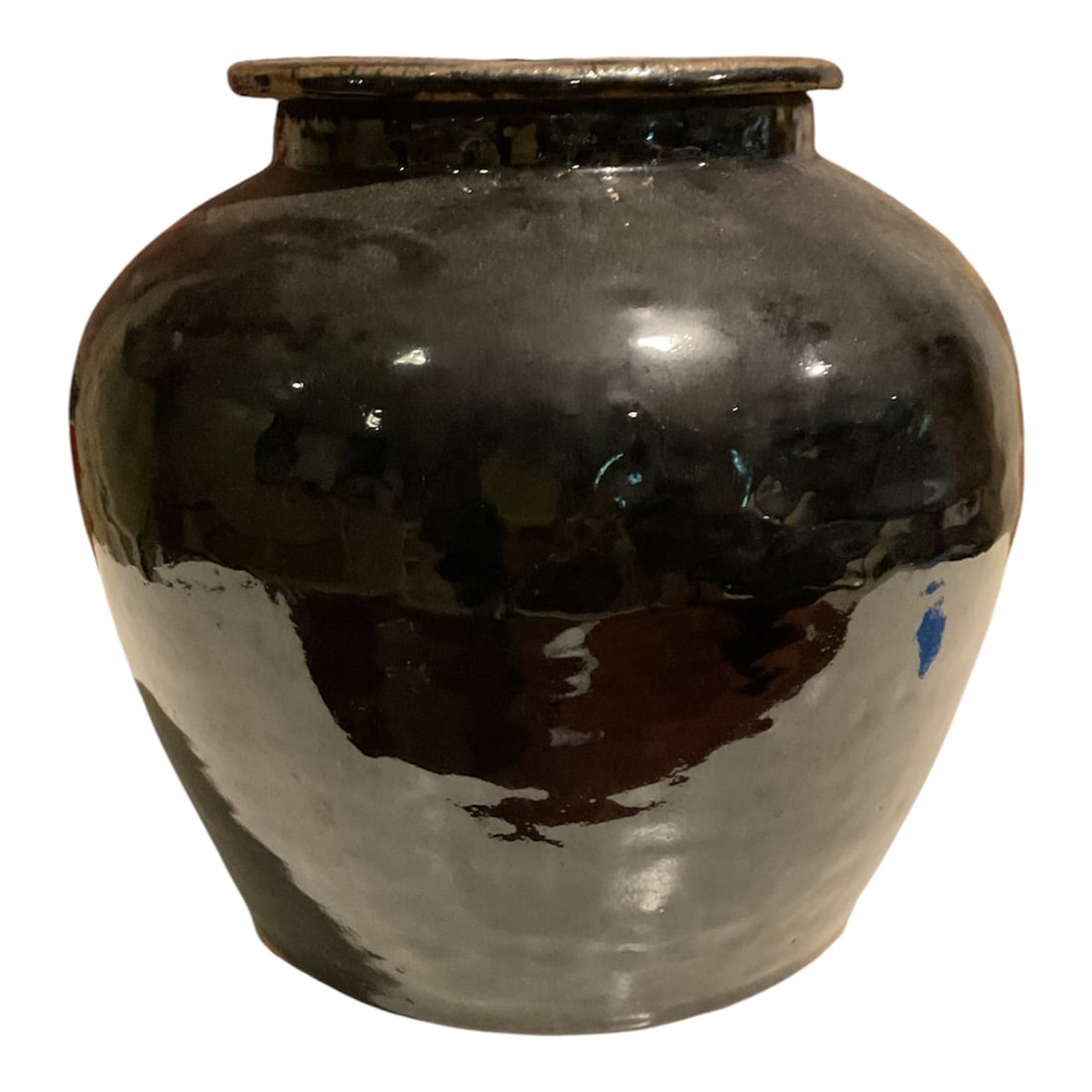 Chinese-Style Black-Glazed Stoneware Covered Storage Jar: Large covered stoneware jar of rounded ovoid form, finished in a deep glossy brown-black glaze. The vessel features broad rounded shoulders, a short neck with slightly flared rim, and a fitted circula