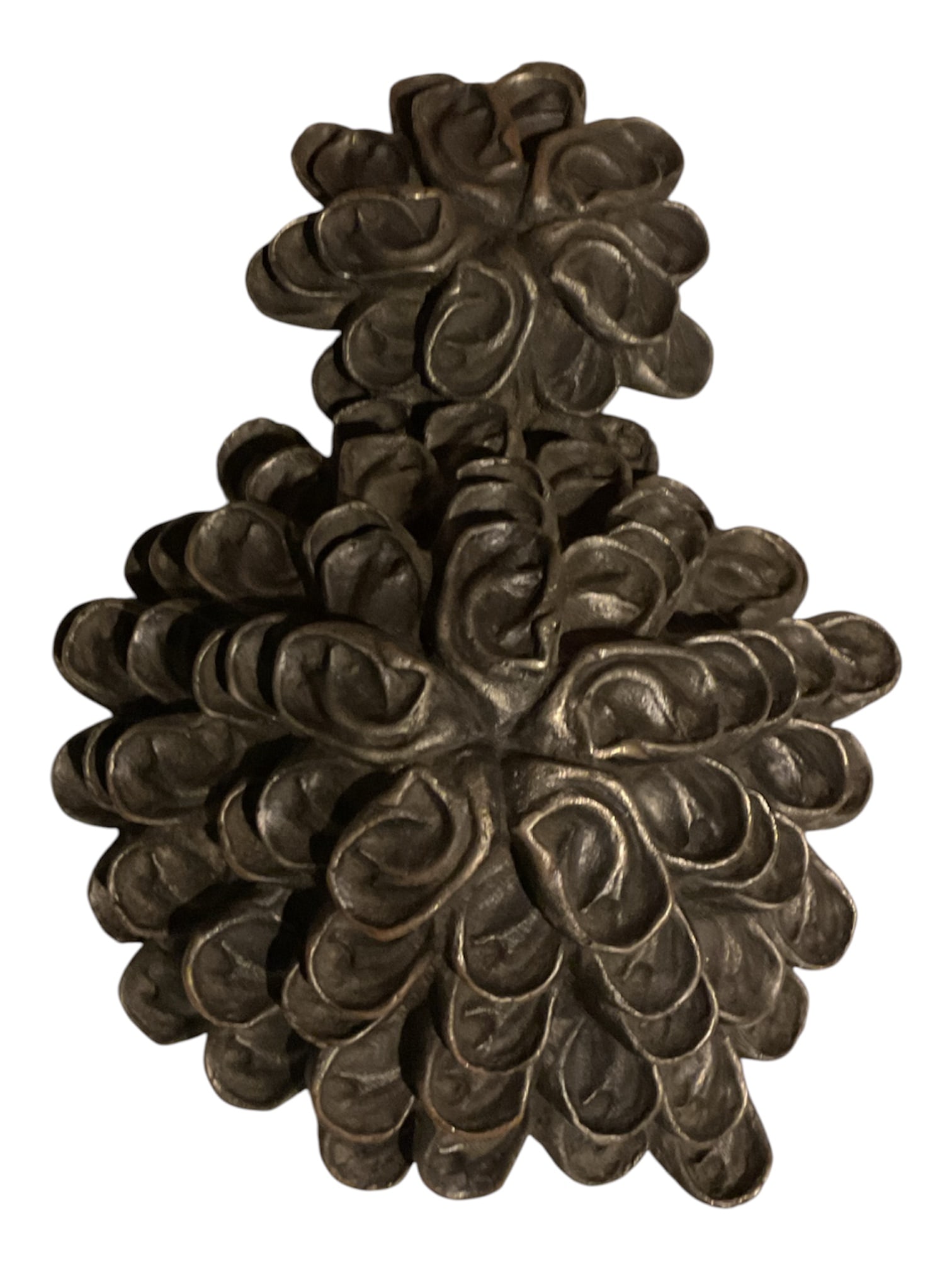 Bronze Double Pinecone Decorative Sculpture: Rustic decorative sculpture modeled as a pair of overlapping pinecones, constructed with densely layered, individually articulated scales that create a highly textured, dimensional surface. The dark b