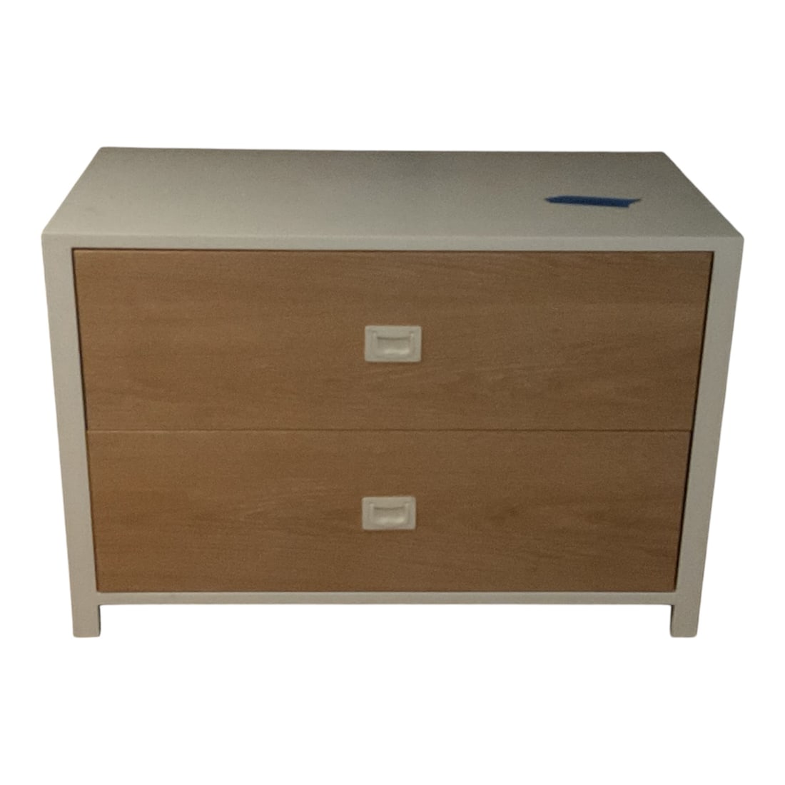 Ducduc Campaign Two-Drawer Dresser: Contemporary Campaign dresser by Ducduc, featuring two broad cerused oak drawer fronts with a light whitewashed finish set within a clean-lined white lacquered frame. Each drawer is fitted with a rece